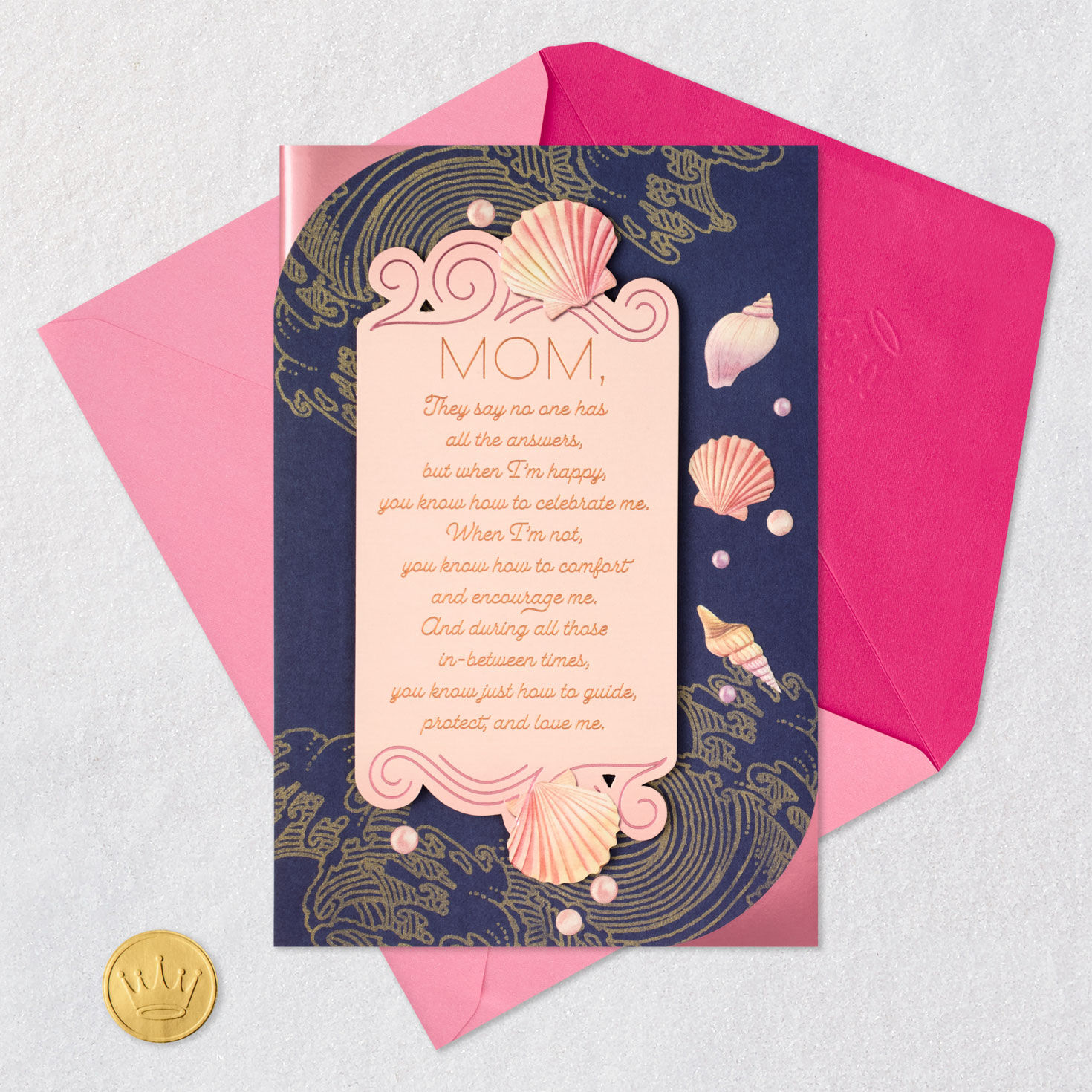 Waves and Shells on Navy Mother's Day Card for Mom Card Front with Envelope and Gold Seal image number 5