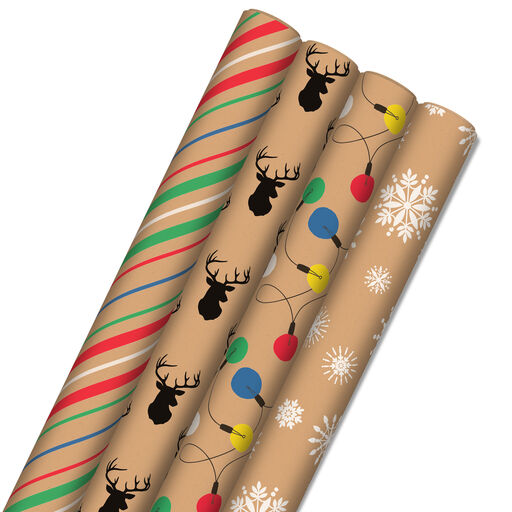Colorful Christmas 4-Pack Kraft Wrapping Paper Assortment, 88 sq. ft., 