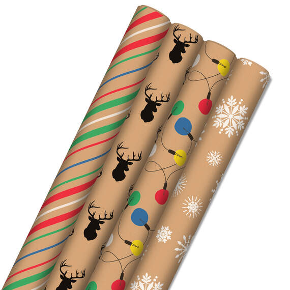 Colorful Christmas 4-Pack Kraft Wrapping Paper Assortment, 88 sq. ft.
