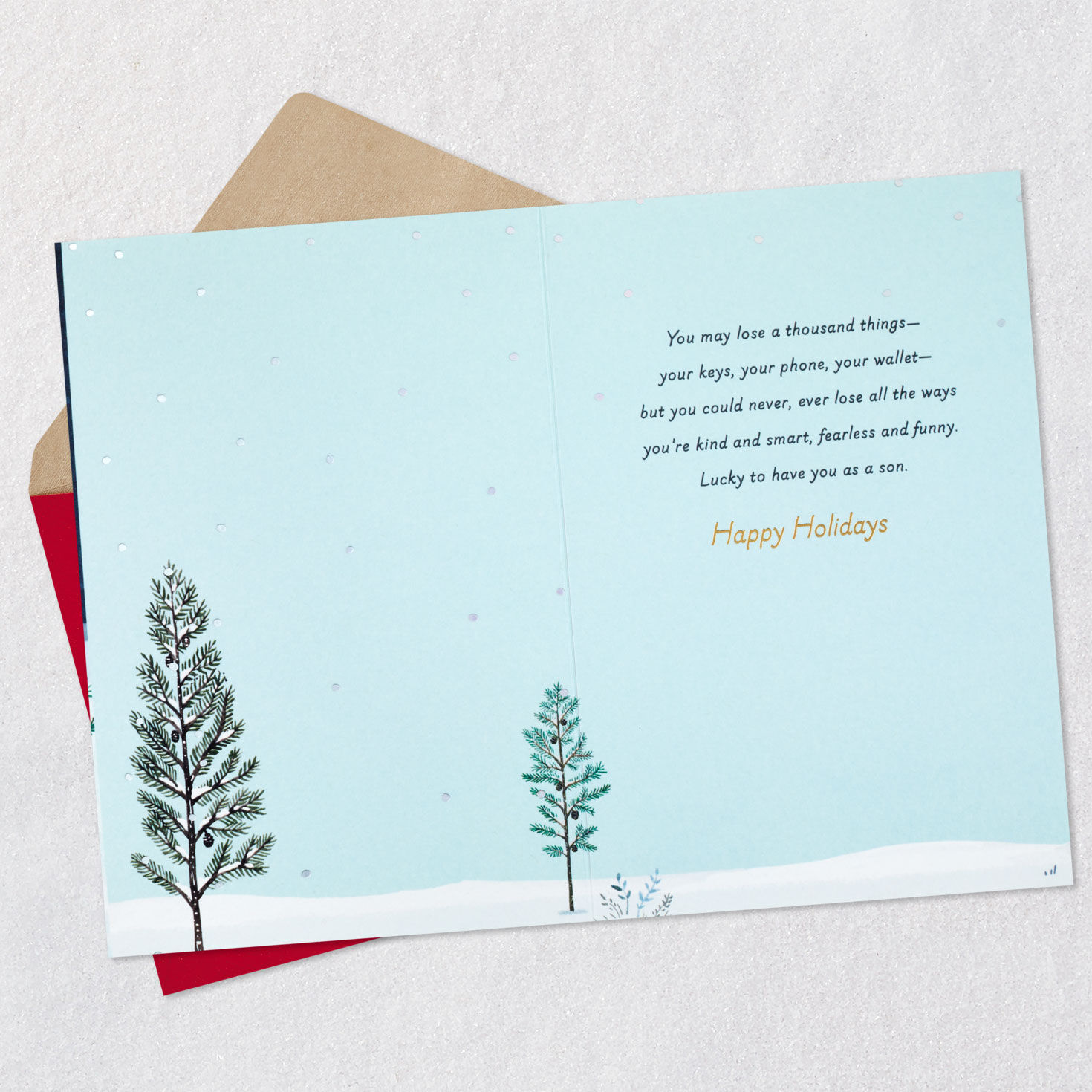 Cabin in Snow Son Christmas Card Open card with envelope image number 3