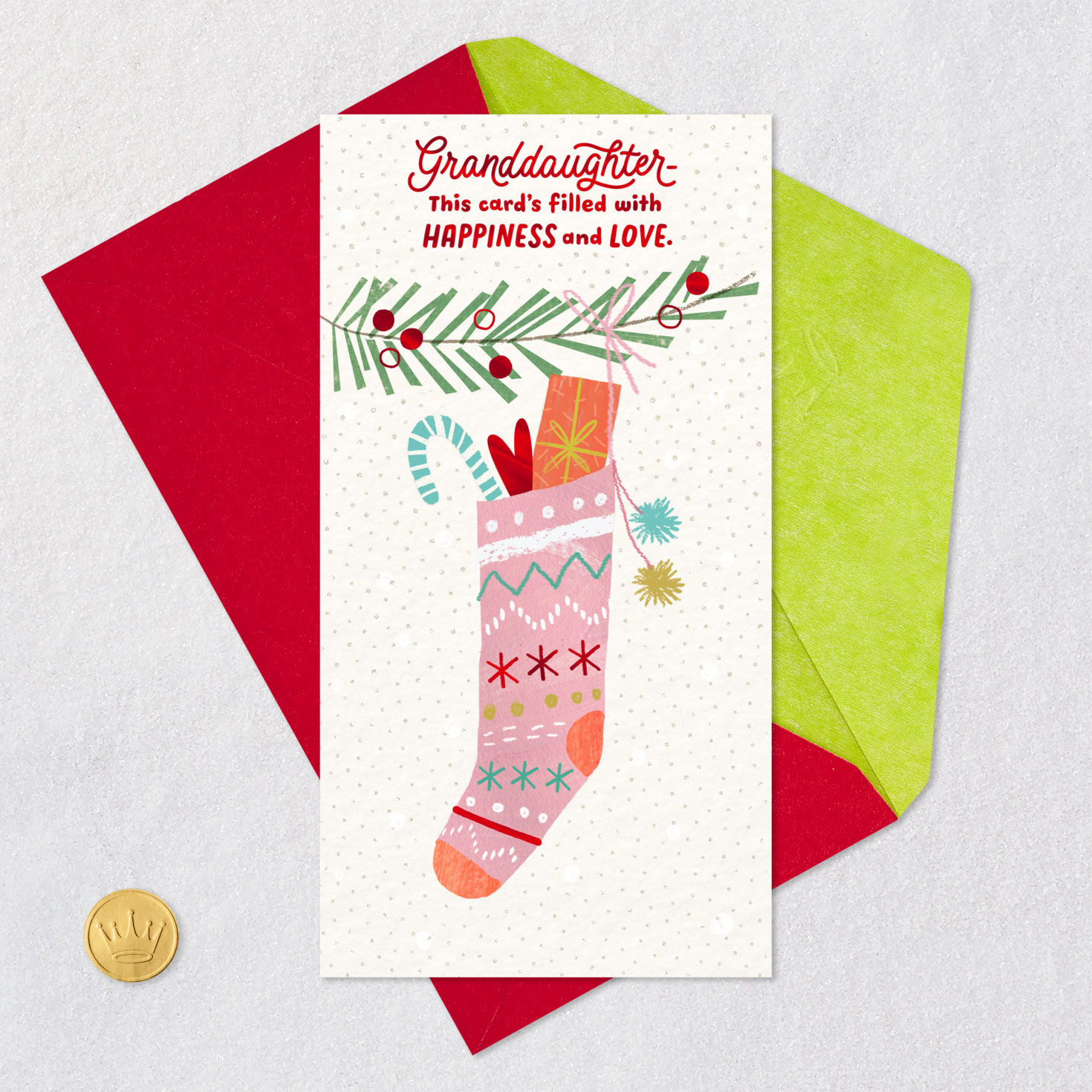 Pink Stocking Christmas Money Card for Granddaughter Card Front with Envelope and Gold Seal image number 6