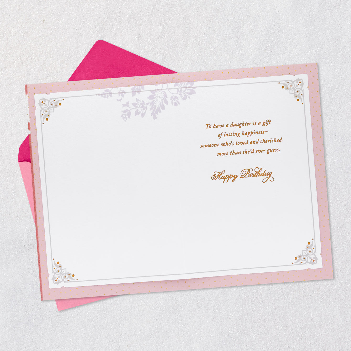 Floral Damask on Pink Daughter Birthday Card Open card with envelope image number 3