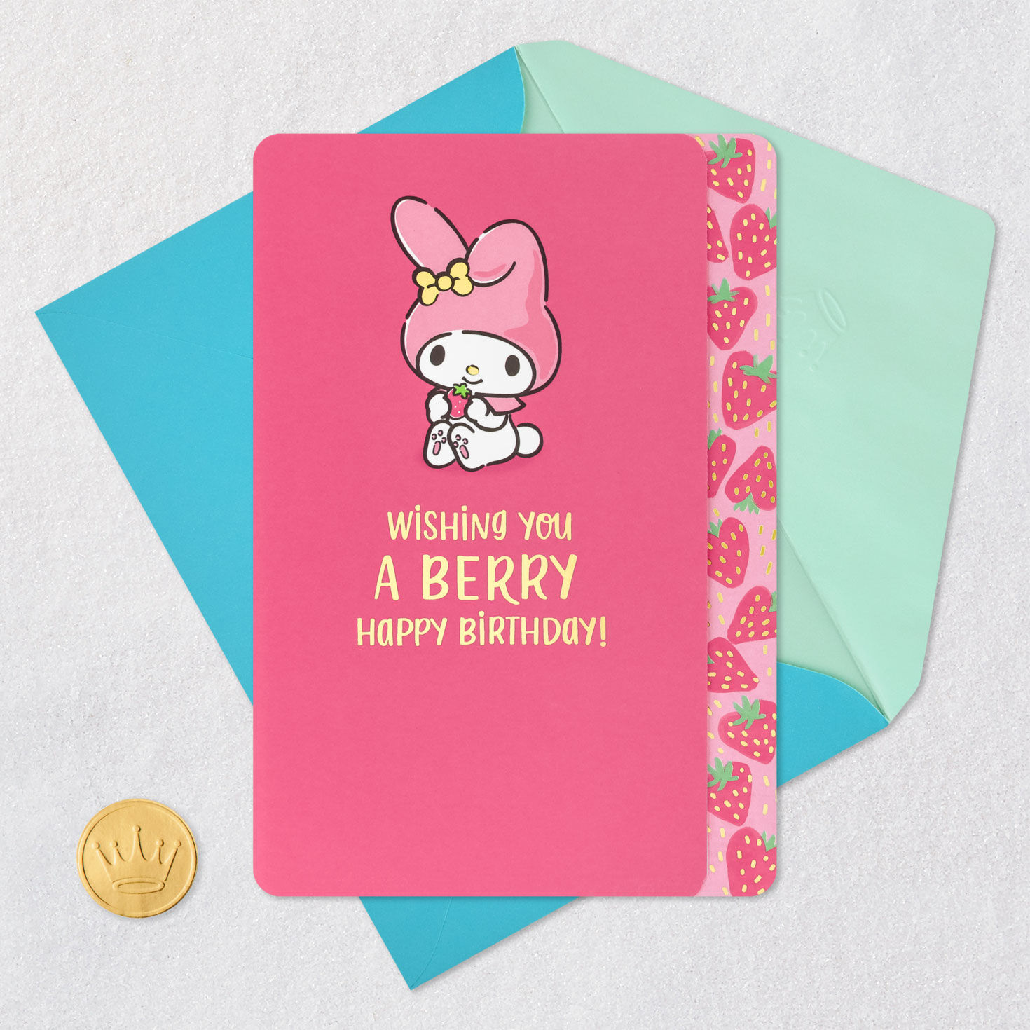Pink My Melody Berry Birthday Card Card Front with Envelope and Gold Seal image number 5