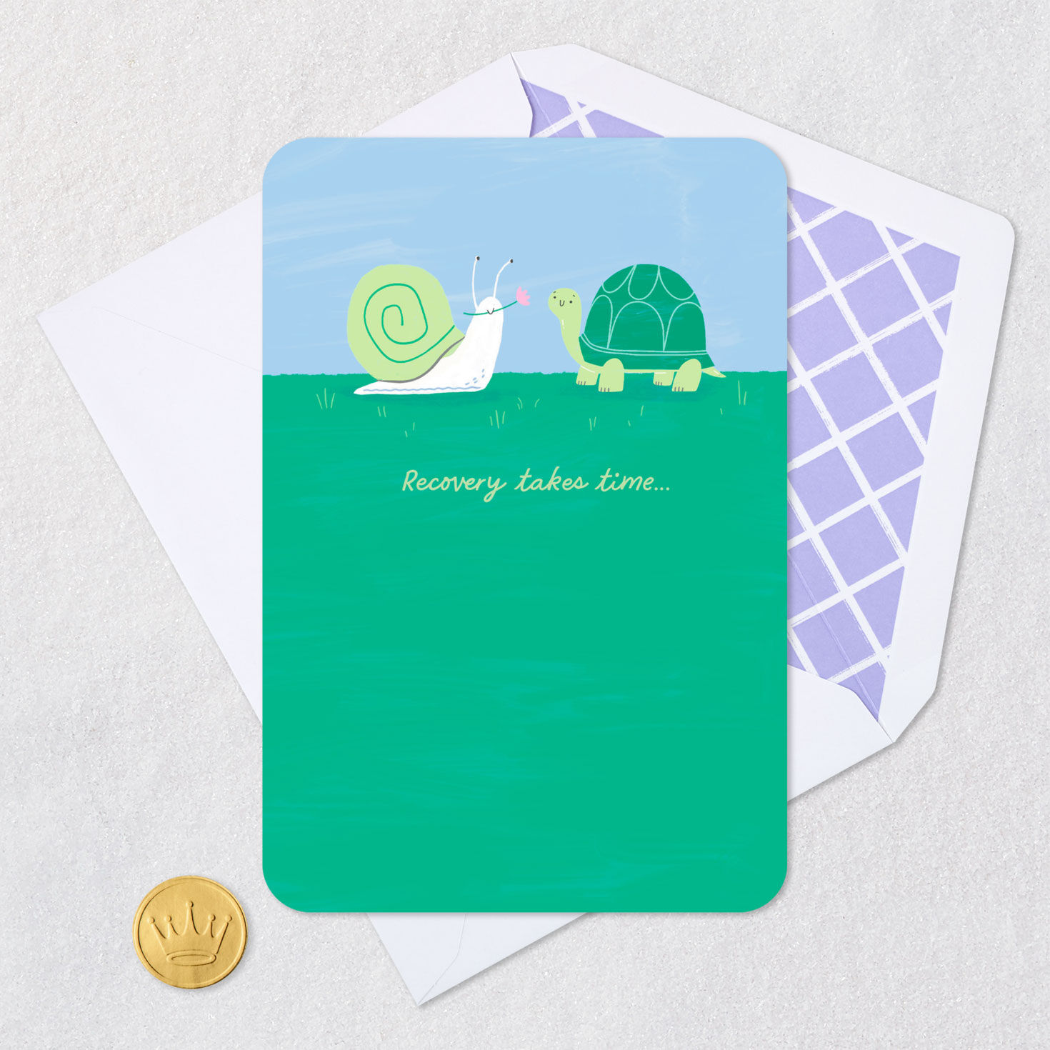 Snail and Turtle Recovery Takes Time Get Well Card Card Front with Envelope and Gold Seal image number 5
