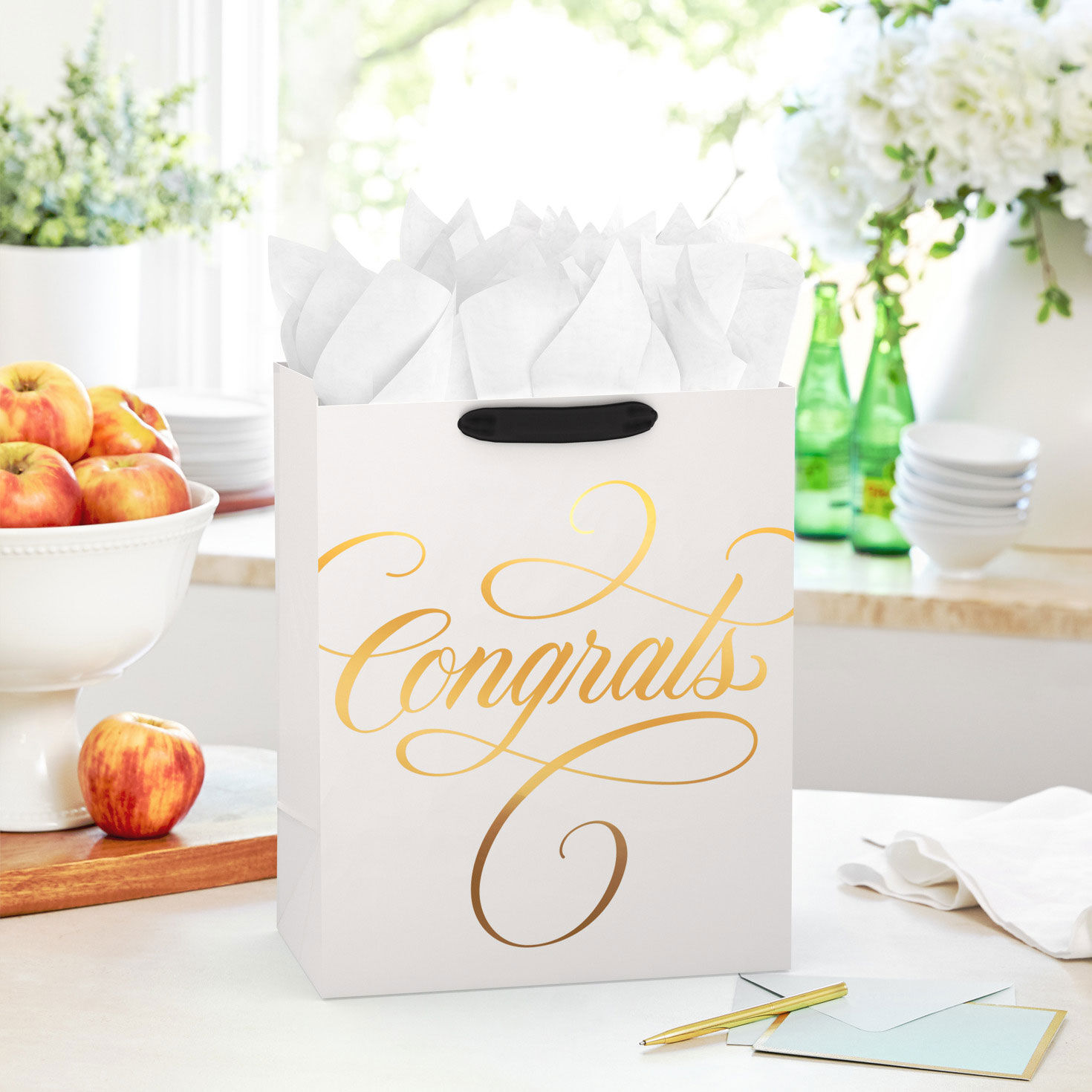 Gold Congrats Script on Cream Large Gift Bag in use image number 2