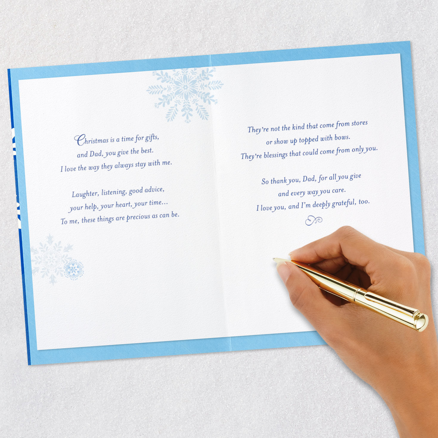 Blue and White Snowflakes Dad Christmas Card from Daughter Signing card image number 8