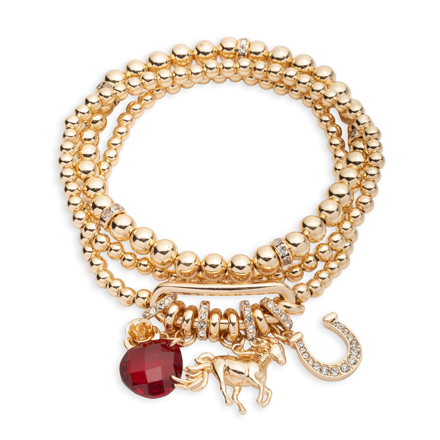 Kentucky Roses Gold Metal Beaded Bracelets With Charms, Set of 3