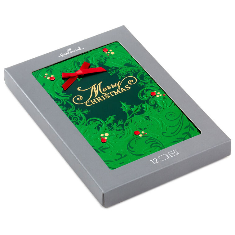 Green Foil Wreath Boxed Christmas Cards, Pack of 12