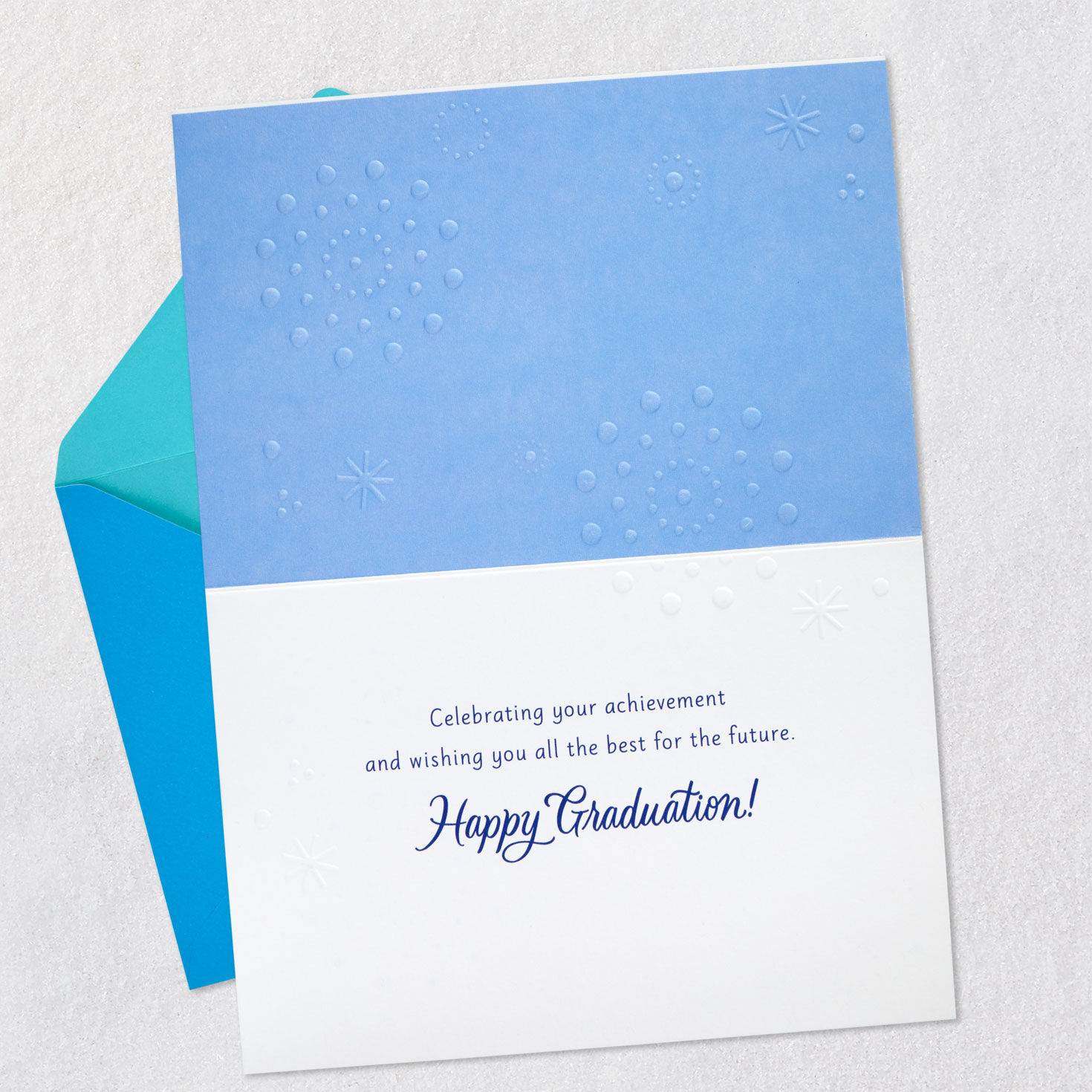 Blue Lettering With Bursts on White Graduation Card open card with envelope image number 3