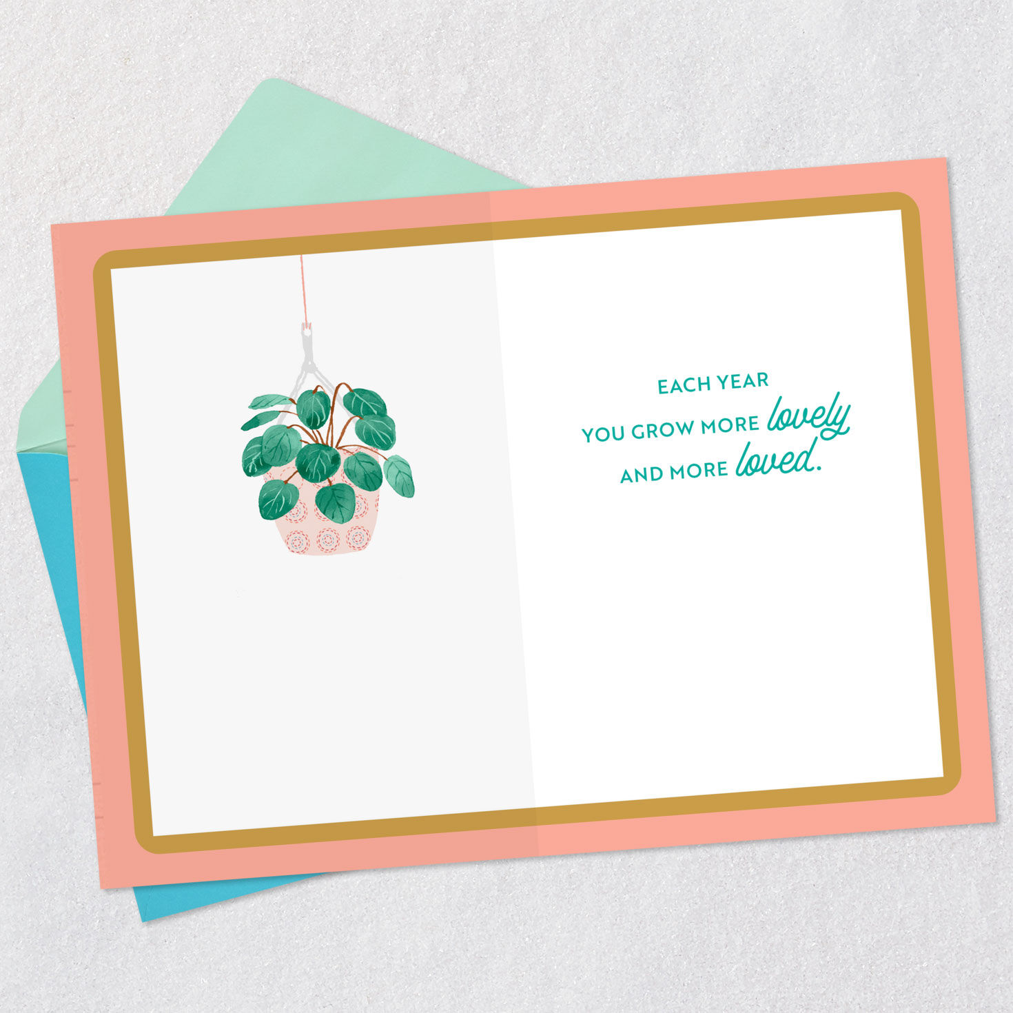 Hanging Plants on Peach Birthday Card Open card with envelope image number 3