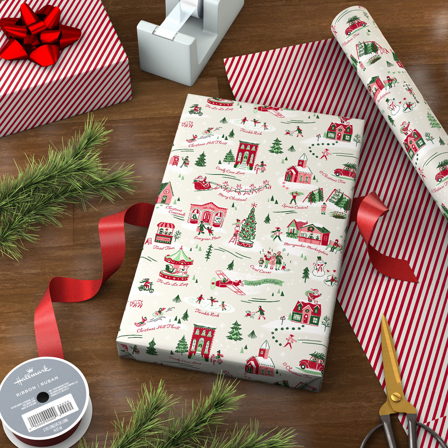 Scotch Magic Greener Tape & Hallmark Christmas Wrap Bundle - Rustic Red Trucks & Snowflakes Design