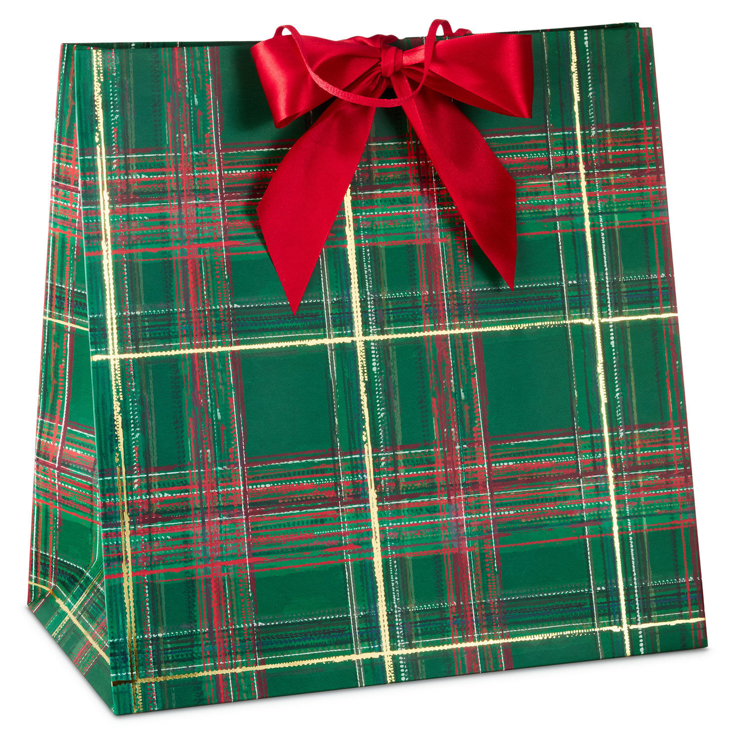 15" Green Plaid with Red Bow Extra-Deep Christmas Gift Bag