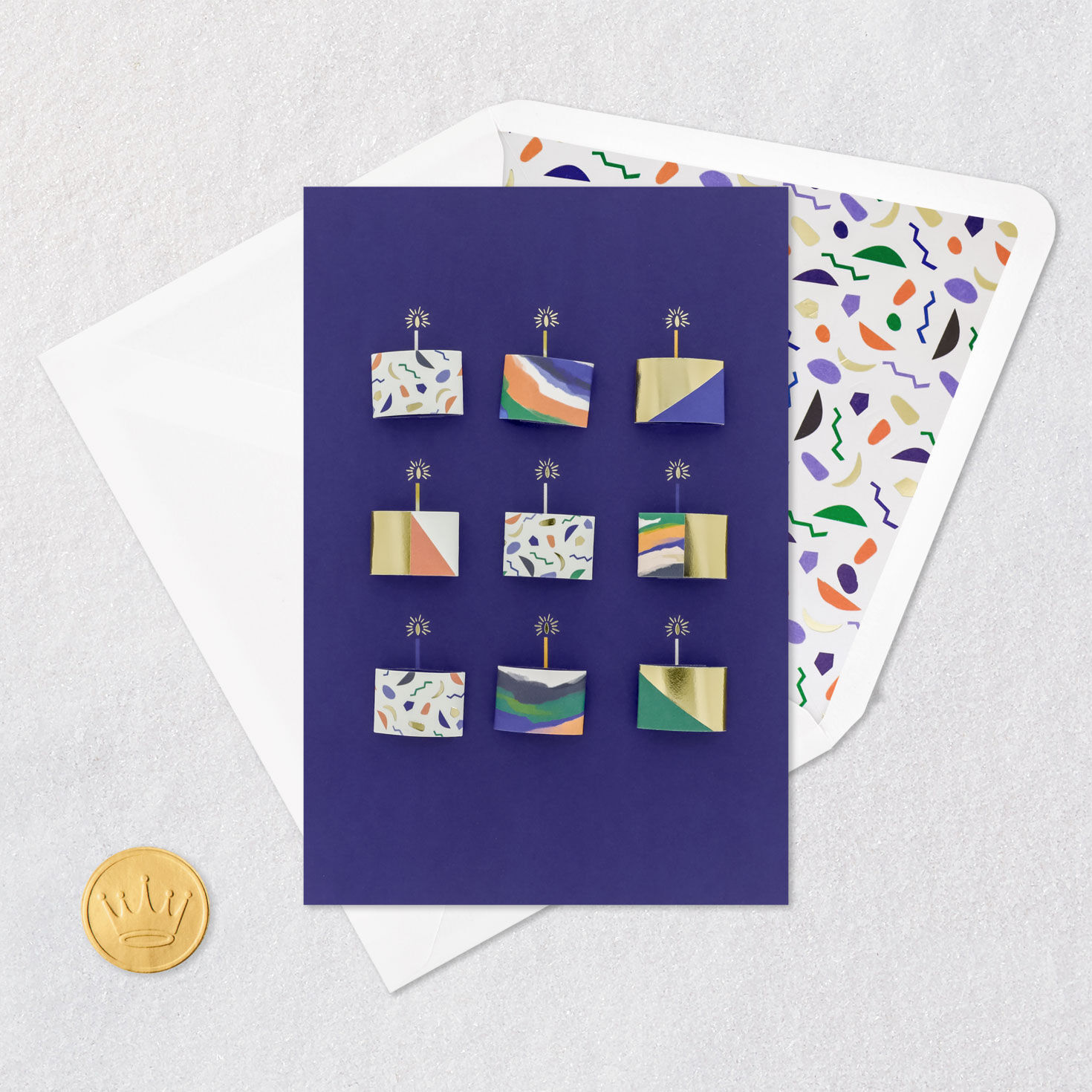 Modern Confetti Cakes on Blue Birthday Card Card Front with Envelope and Gold Seal image number 5