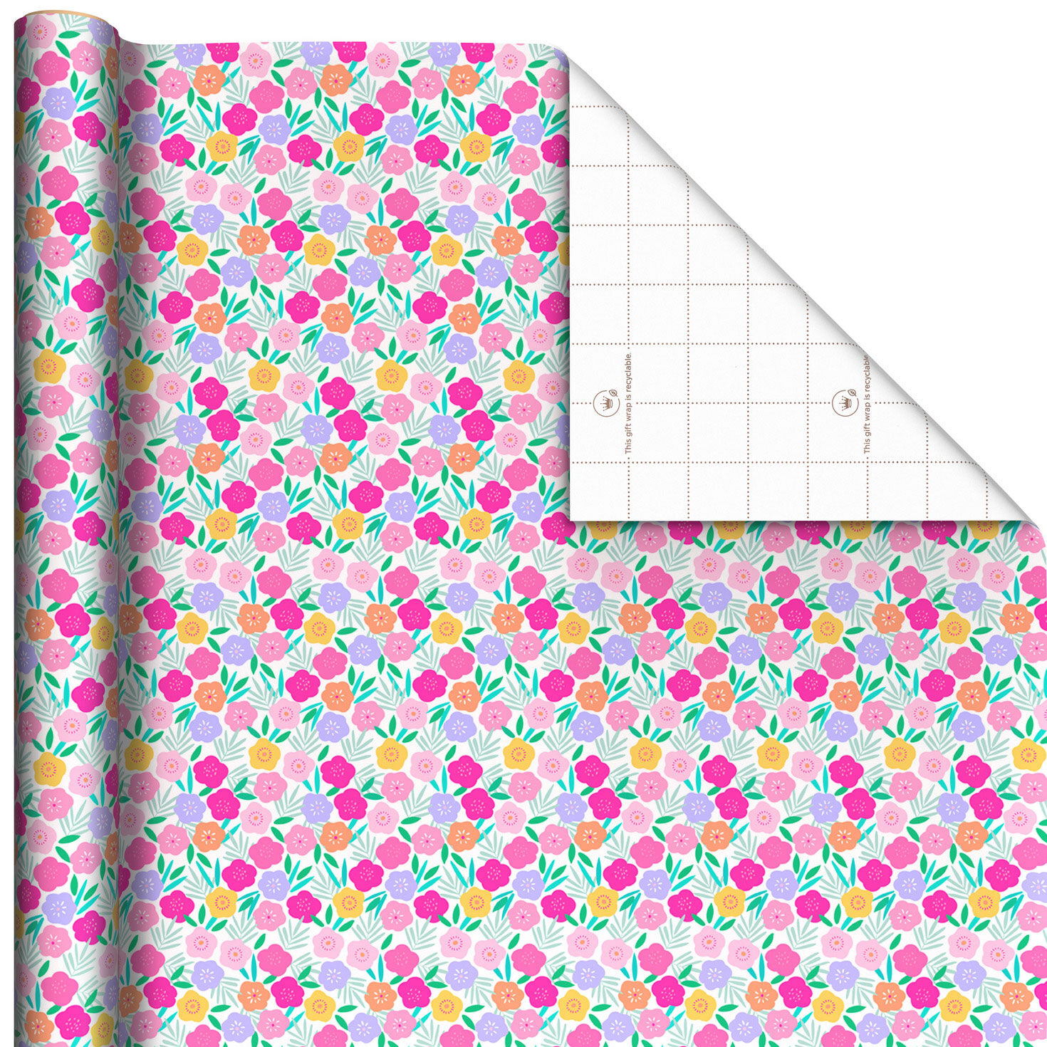 Colorful Flowers on White Tall Wrapping Paper Roll, 35 sq. ft.