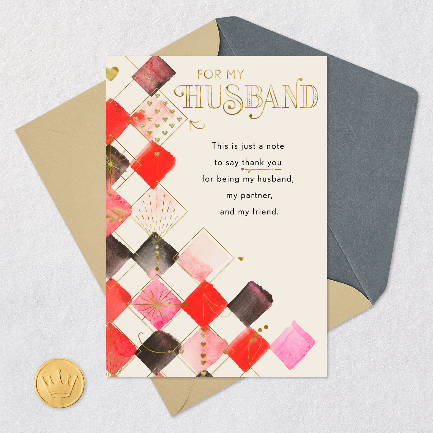 Retro Watercolor Checks Husband Valentine's Day Card Open card with envelope image number 6