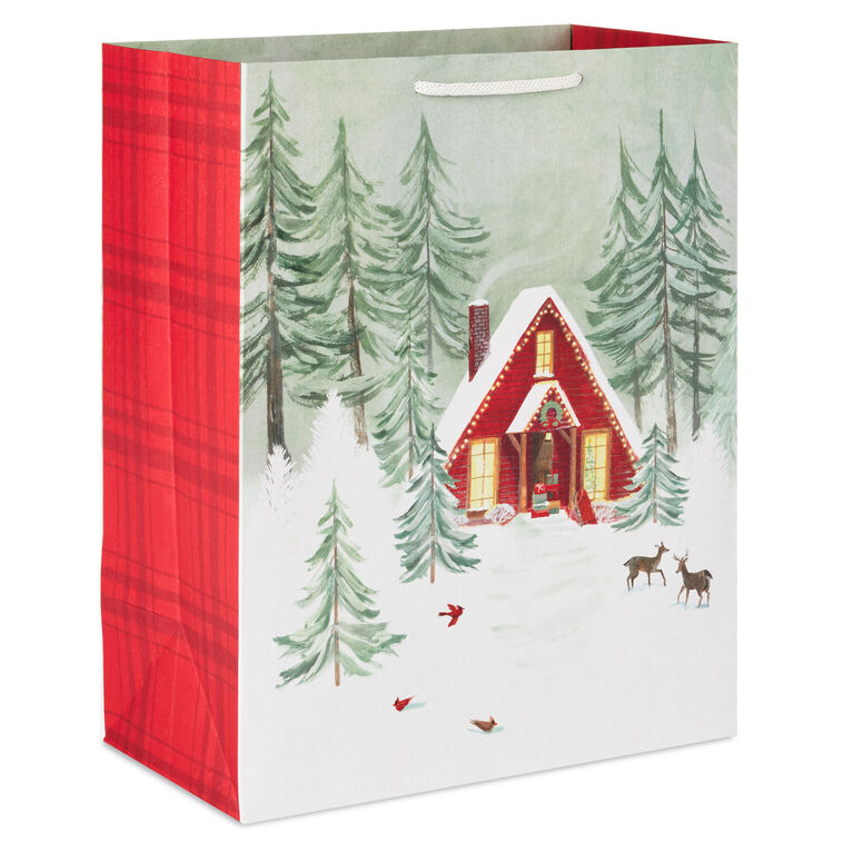 13" Snowy Cottage in Woods Large Holiday Gift Bag