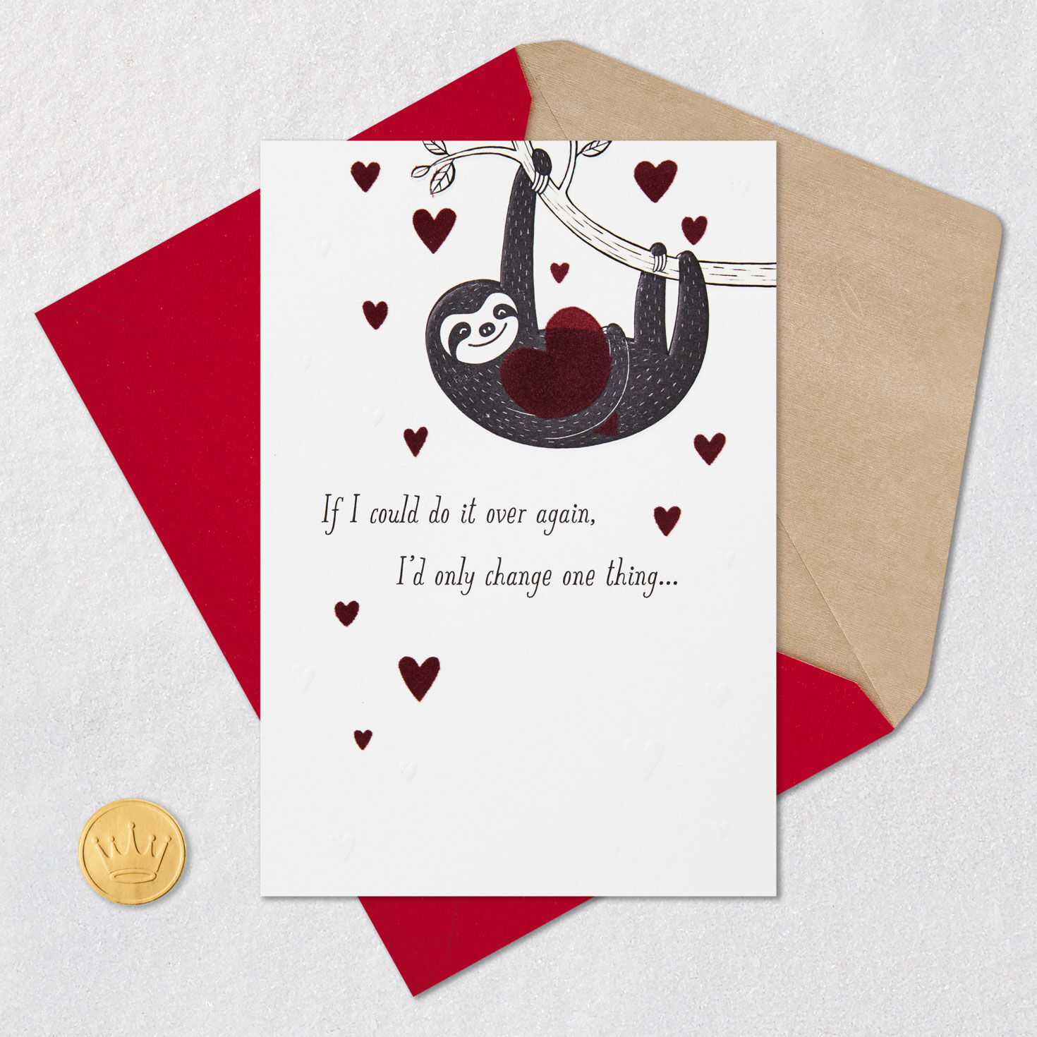 Black Sloth Red Hearts Sweetest Day Love Card Card Front with Envelope and Gold Seal image number 5