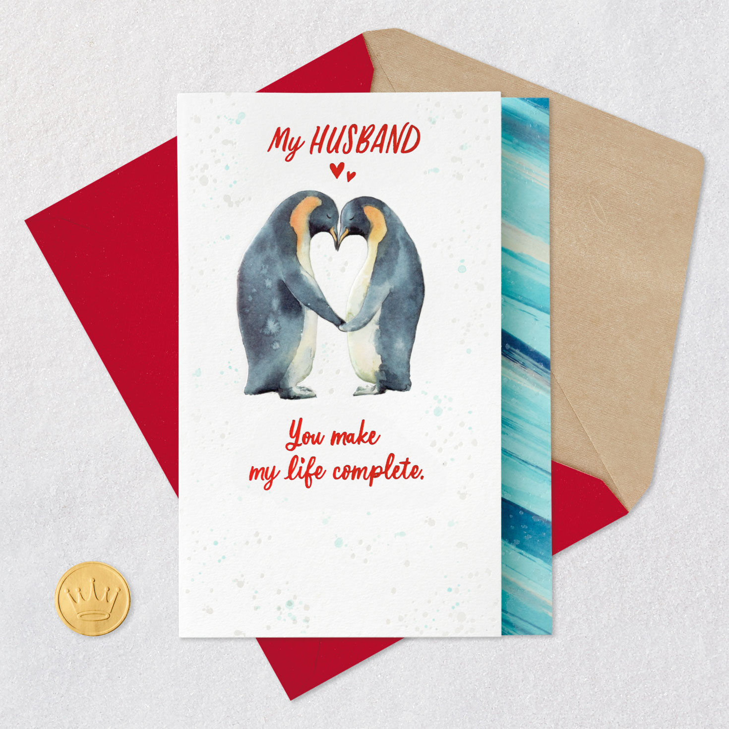 Penguin Hug Valentine's Day Card for Husband Card Front with Envelope and Gold Seal image number 6