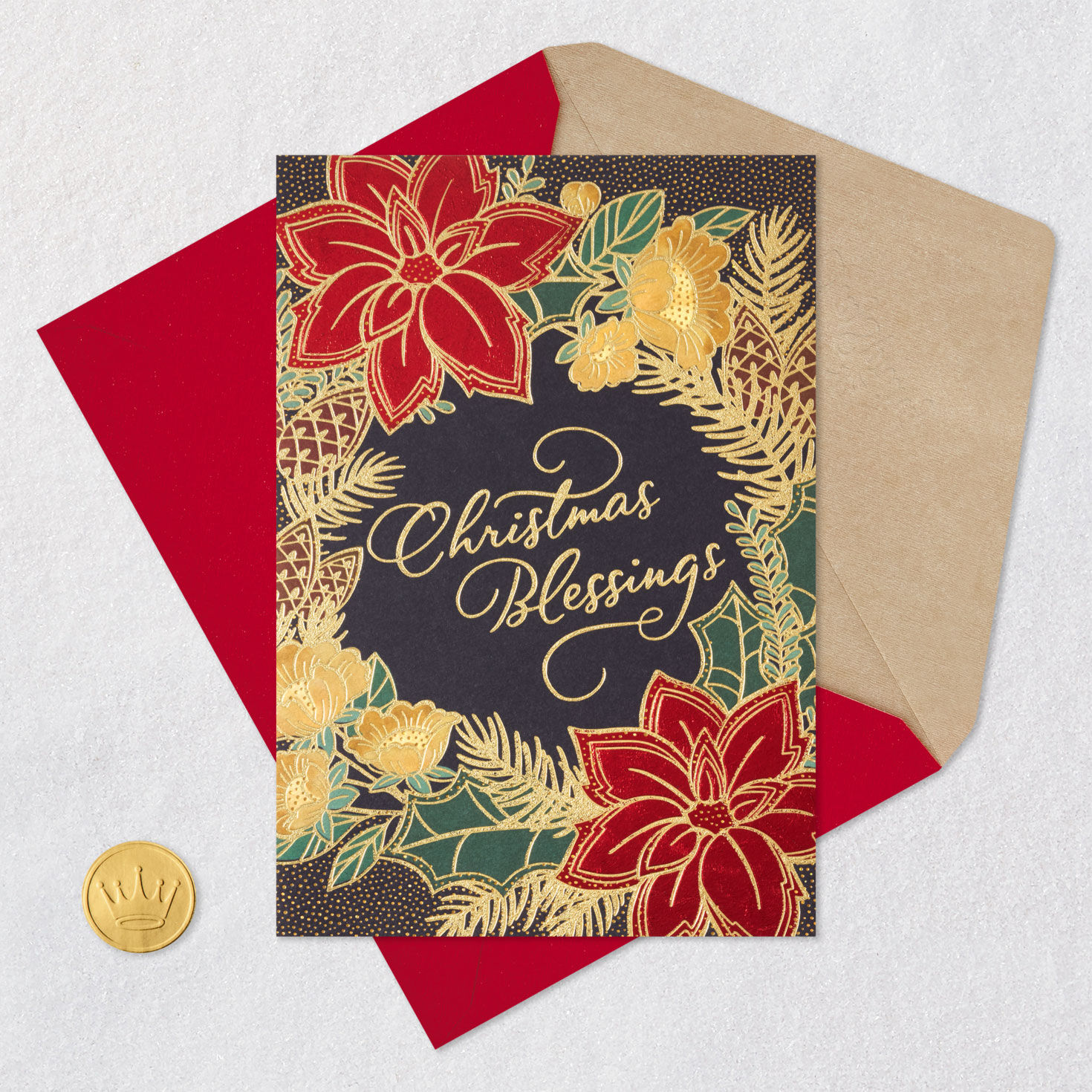 Poinsettia Holiday Wreath Religious Christmas Card Card Front with Envelope and Gold Seal image number 6