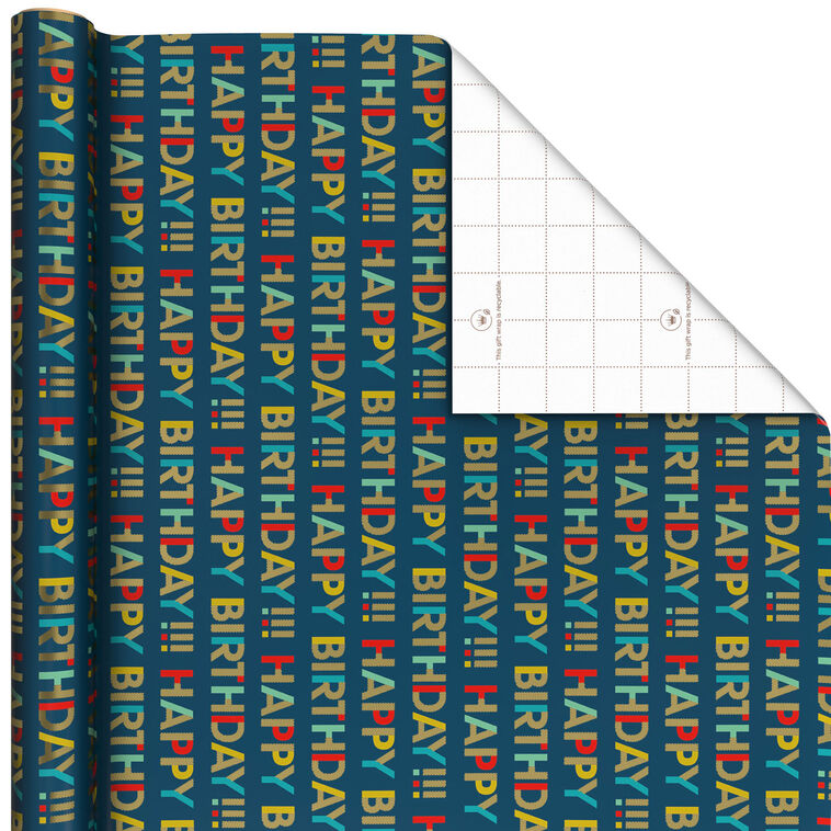 All-Caps Happy Birthday on Navy Wrapping Paper Roll, 20 sq. ft.