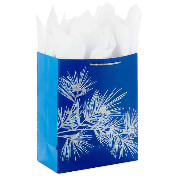 13" Silver Pine on Blue Large Holiday Gift Bag With Tissue Paper, , large image number 5