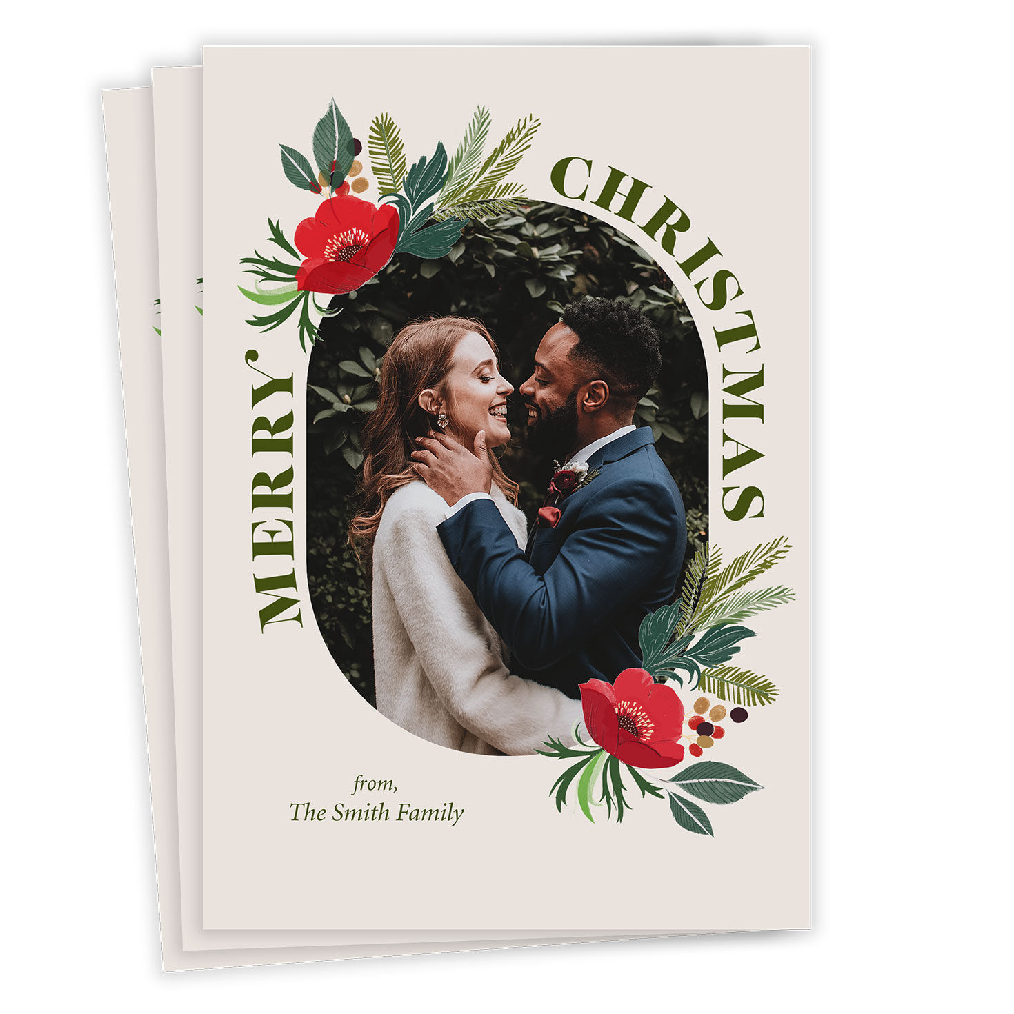 Poinsettia and Pine Flat Christmas Photo Card