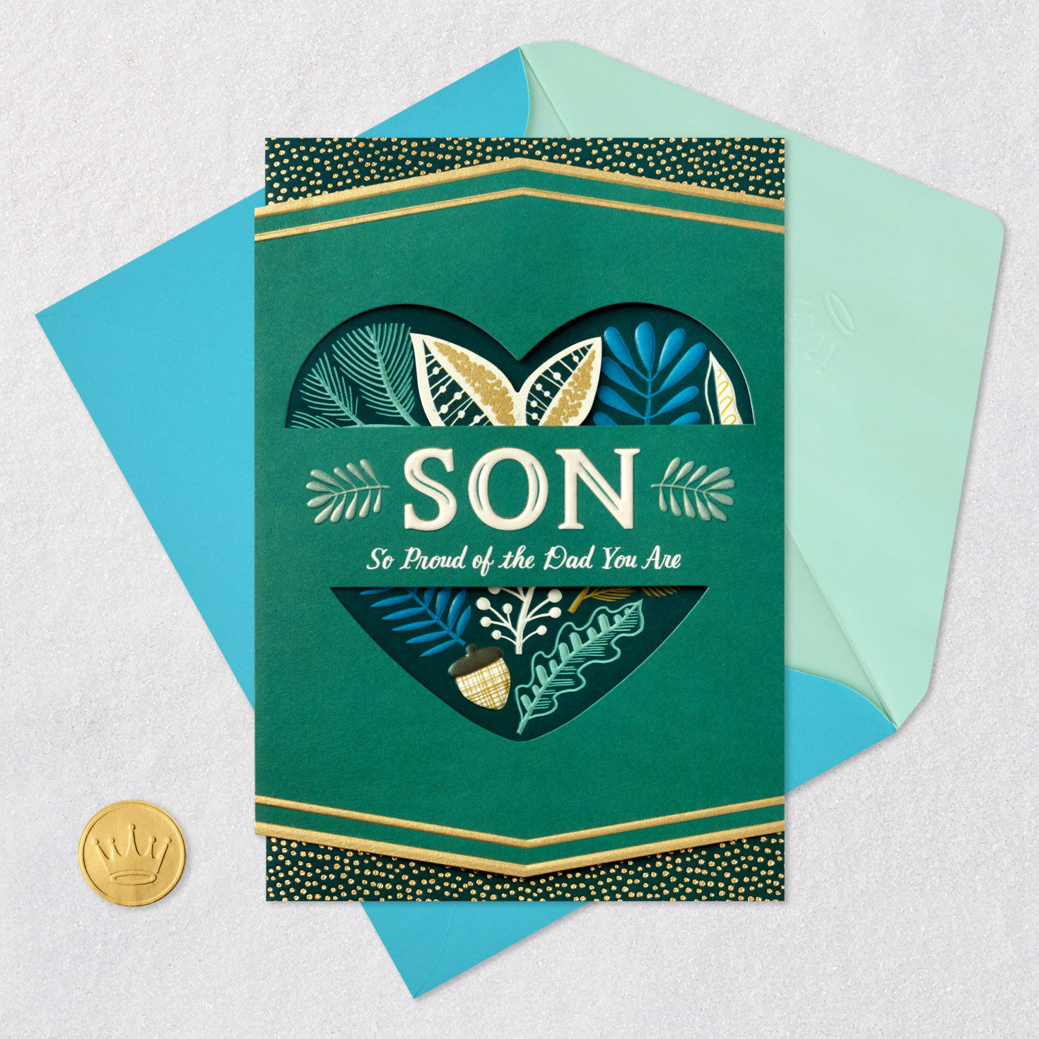 Botanical Heart on Green Son Father's Day Card Card Front with Envelope and Gold Seal image number 6