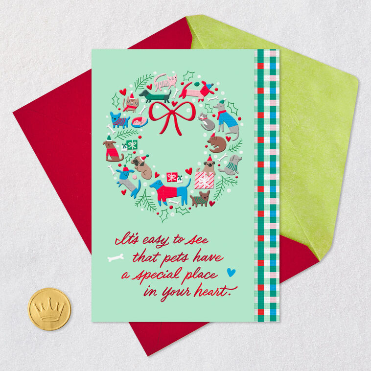 Dog and Cat Wreath on Mint Green Pet Sitter Christmas Card Card Front with Envelope and Gold Seal image number 5