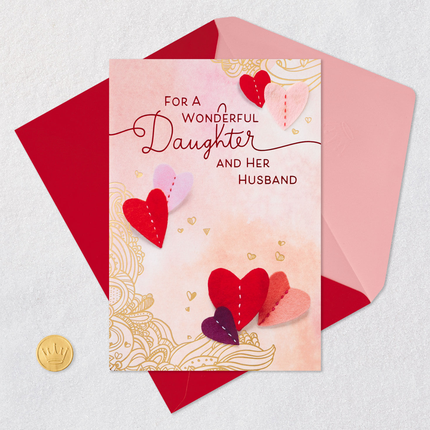 Felt Heart Daughter and Husband Valentine's Day Card Card Front with Envelope and Gold Seal image number 6