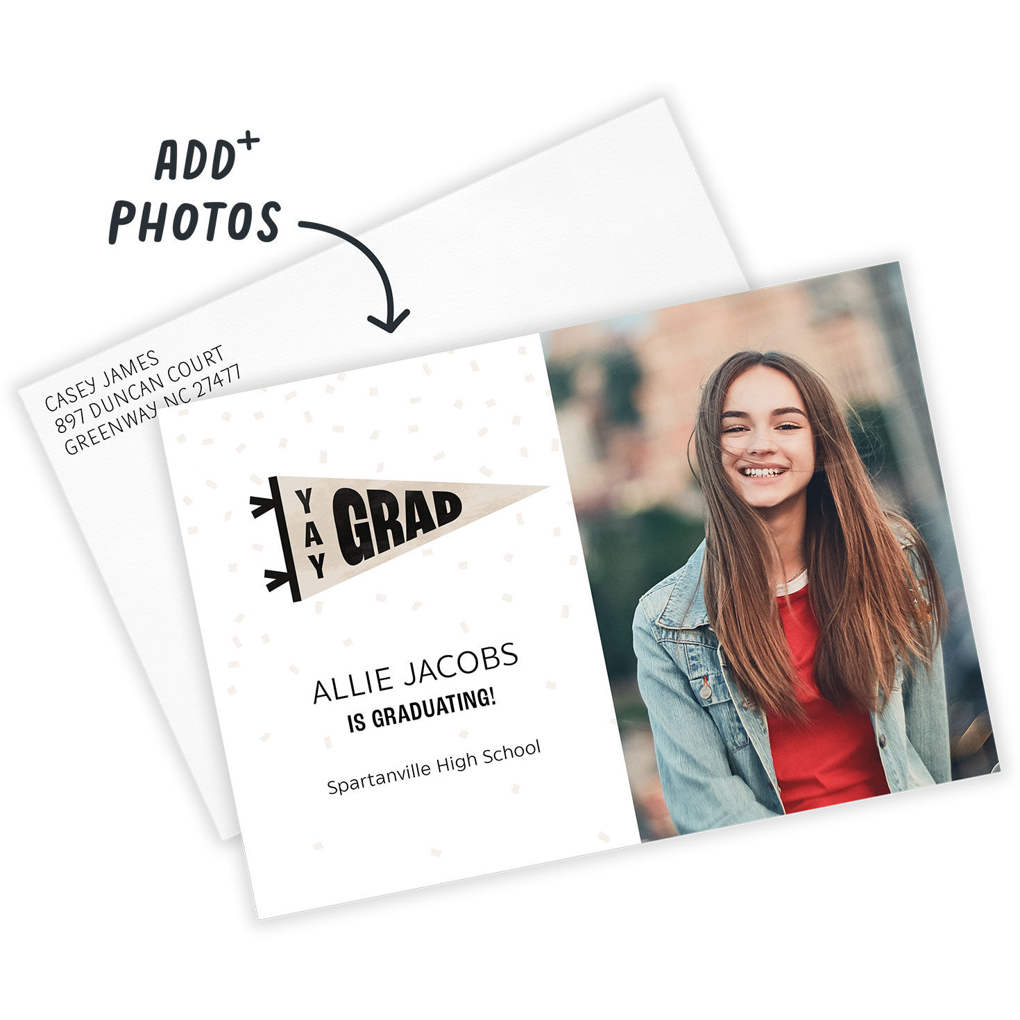 Black Gray Pennant Personalized Grad Announcement Card Front indicating personalization image number 2