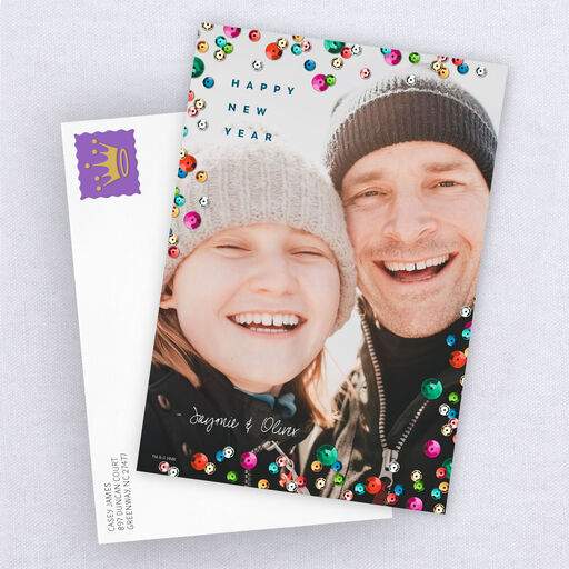 Sequin Sparkle Flat New Year Photo Card, 