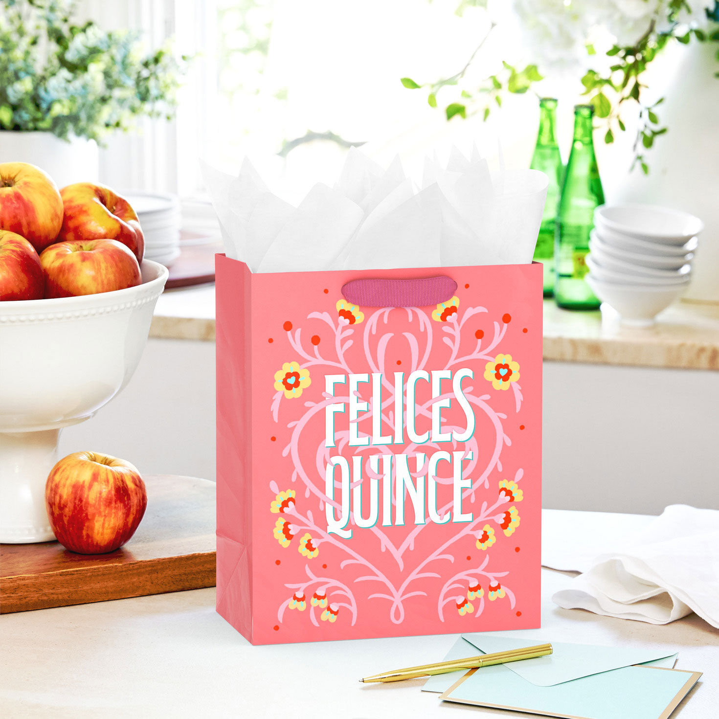 Spanish Language Coral Medium Quincea&ntilde;era Gift Bag in use image number 2