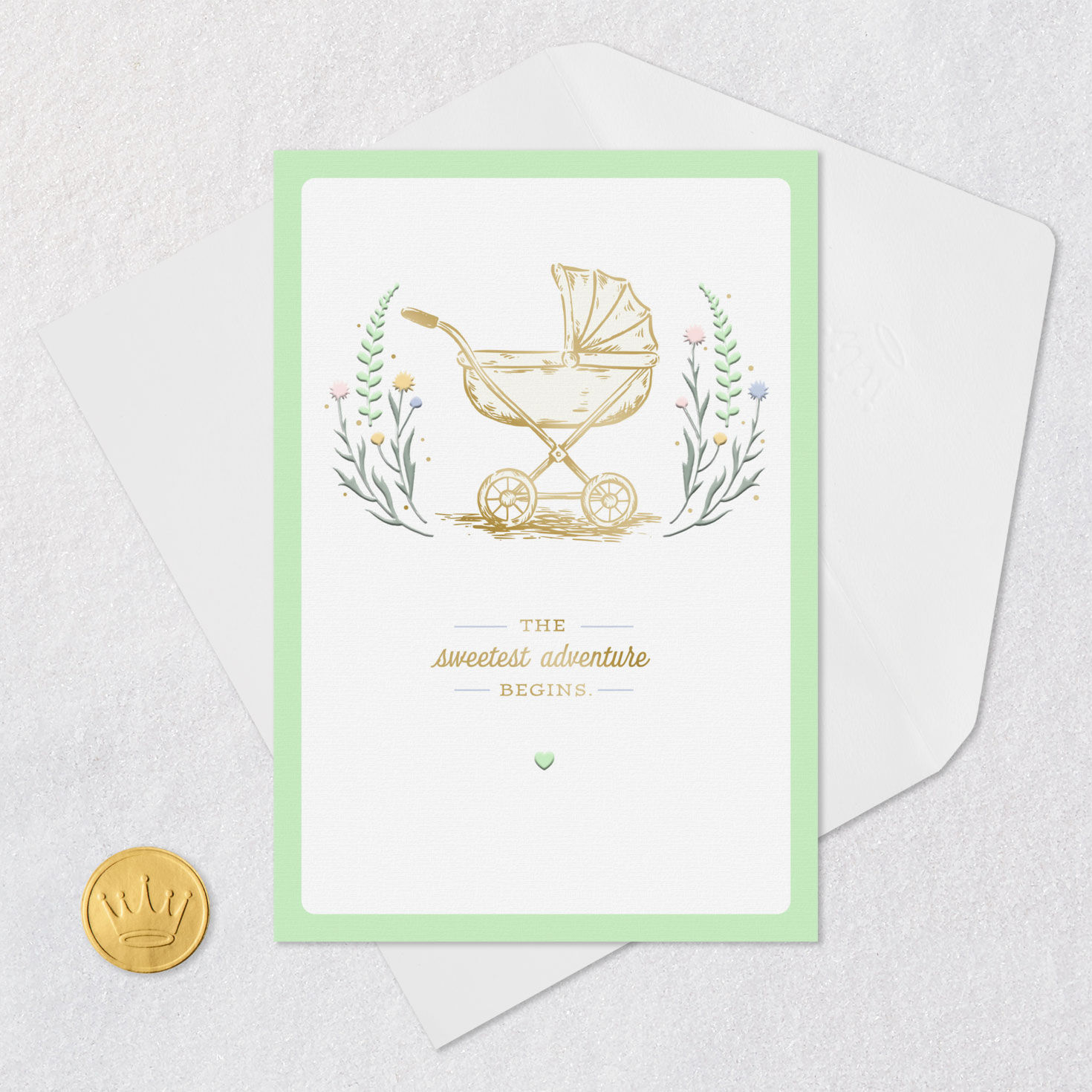 Gold Carriage Mint Green New Baby Congrats Card Card Front with Envelope and Gold Seal image number 5