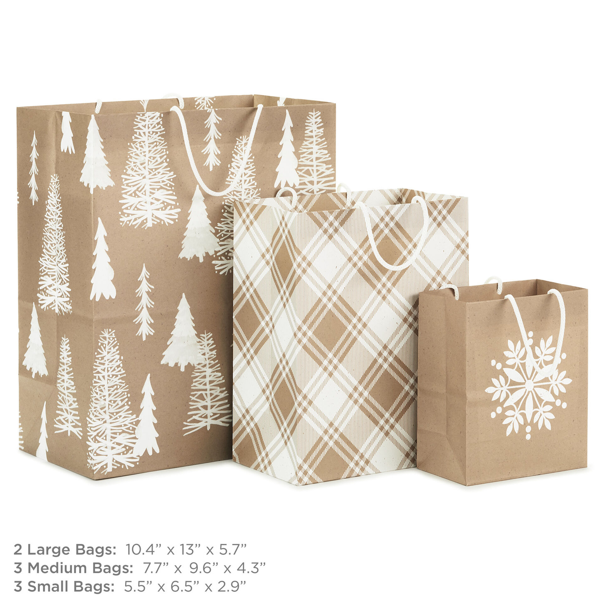 Christmas Kraft 8Pack Holiday Gift Bags, Assorted Sizes and Designs