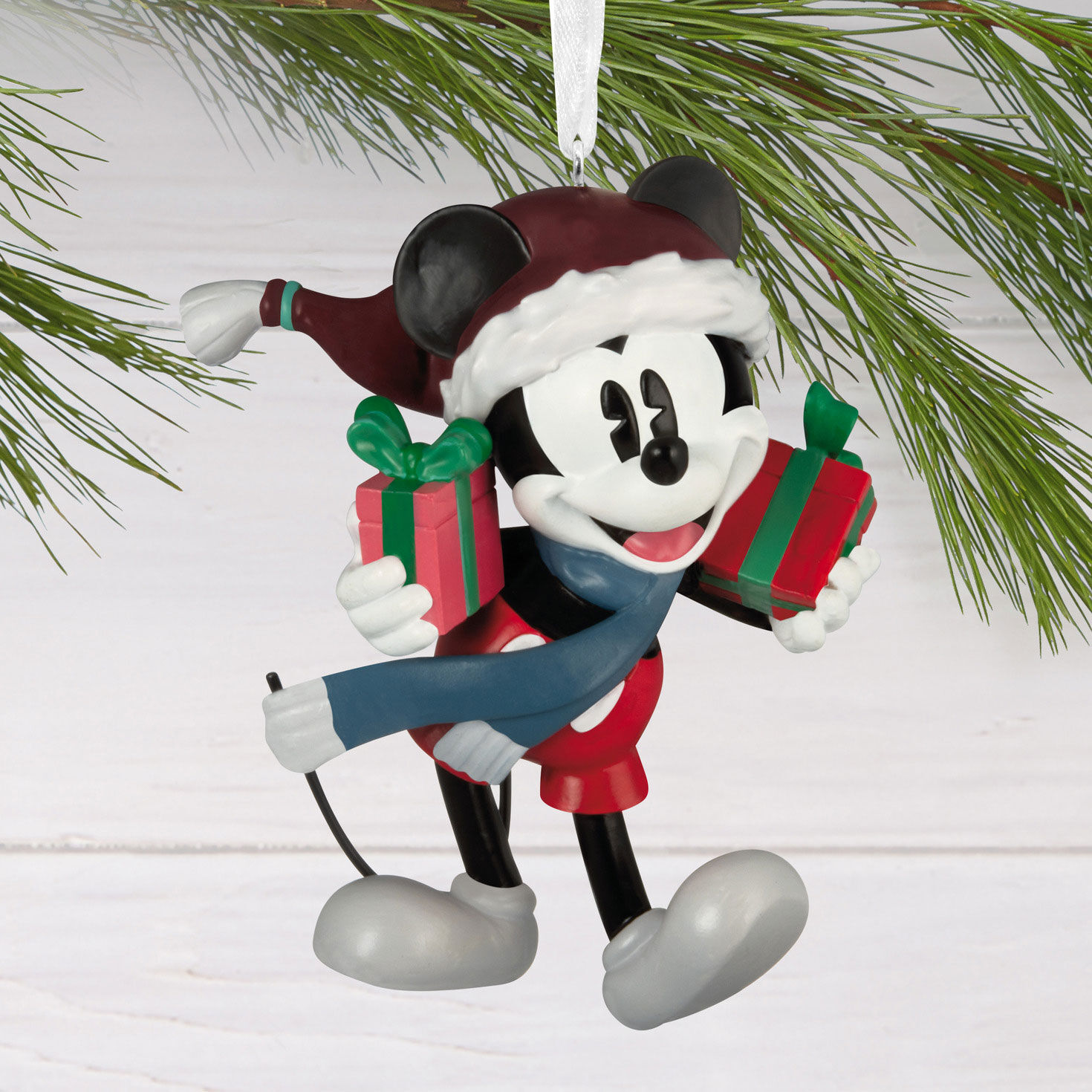 Mickey Mouse With Presents Christmas Ornament hanging on tree image number 2