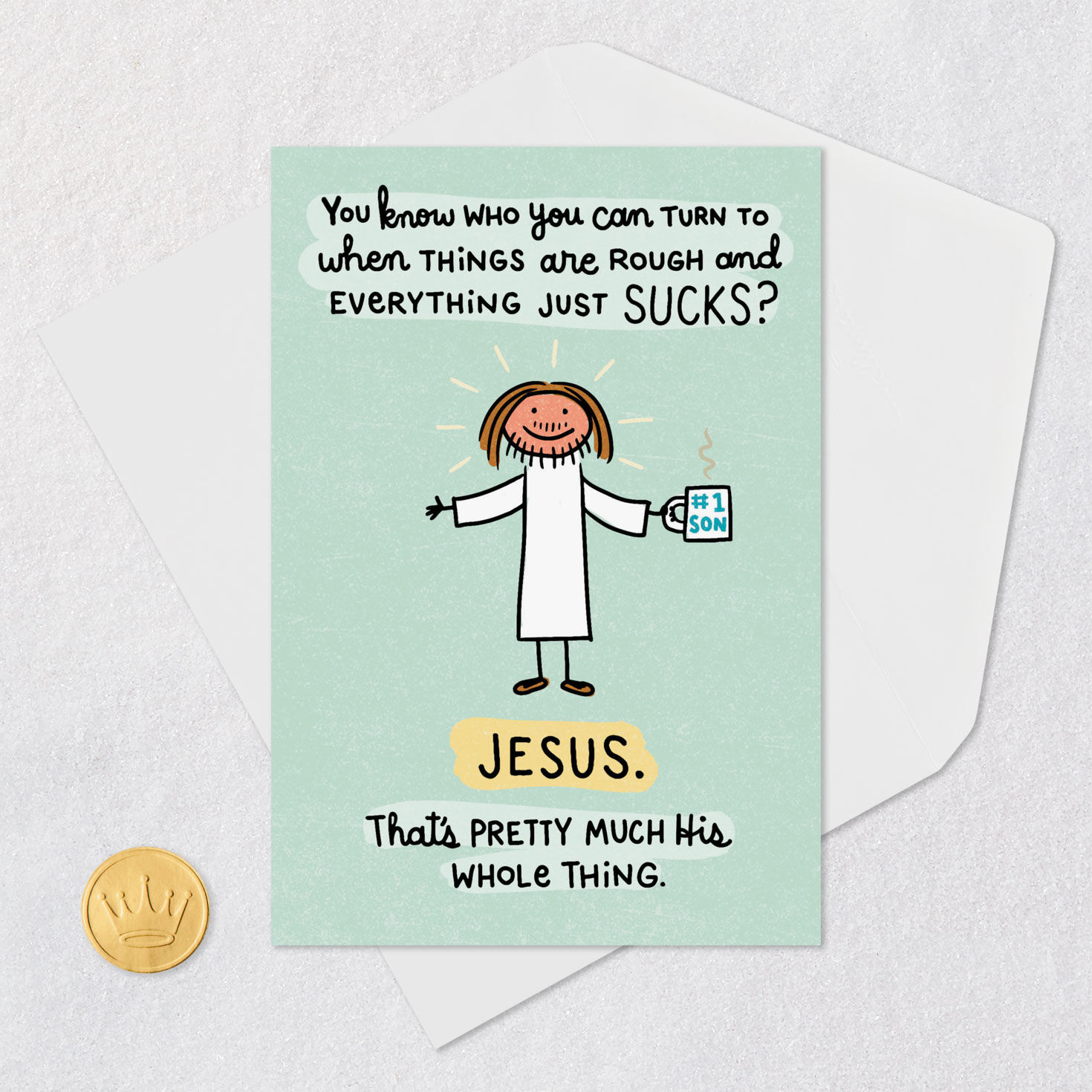 Jesus With Coffee Mug Funny Encouragement Card Card Front with Envelope and Gold Seal image number 5