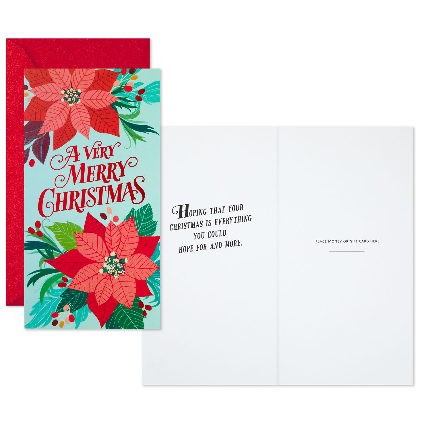 Red Flowers on Blue Money Holder Christmas Cards Card Front with Sentiment image number 2