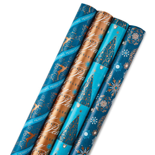 Elegant Blues 4-Pack Blue and Gold Reversible Wrapping Paper, 150 sq. ft., 