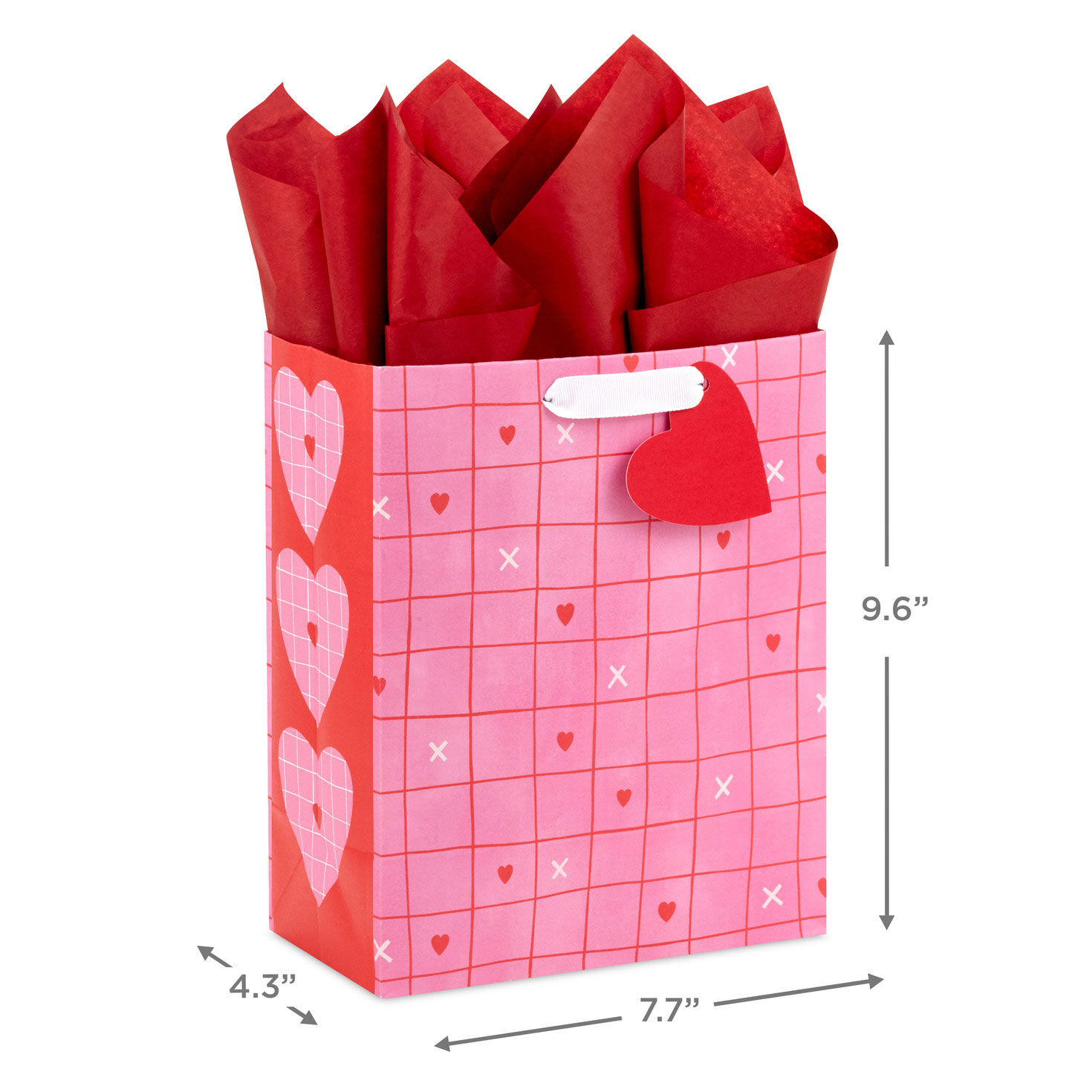 9.6" Red Grid on Pink Medium Valentine's Day Gift Bag With Tissue Paper, , large image number 3