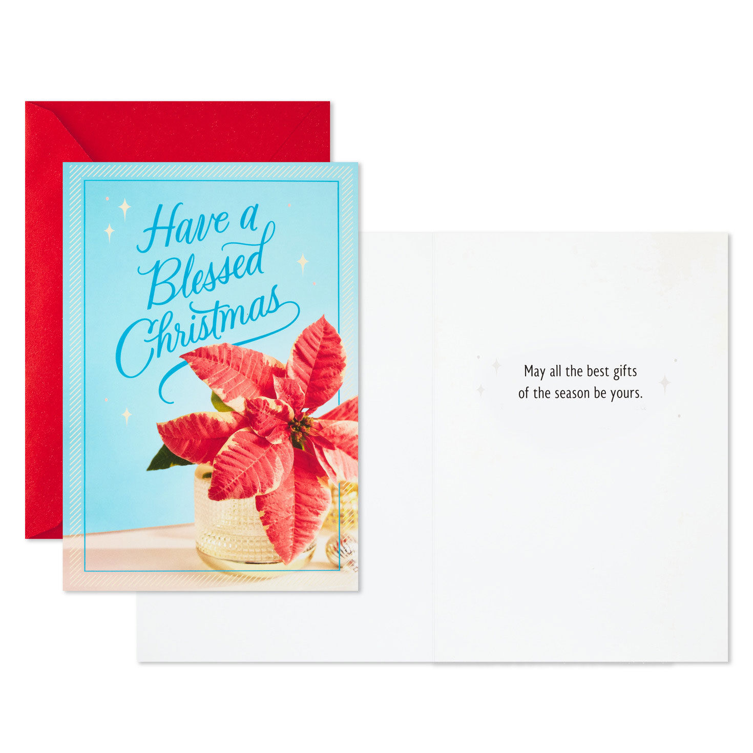 Poinsettia on Blue Boxed Christmas Card Pack Card Front with Sentiment image number 3