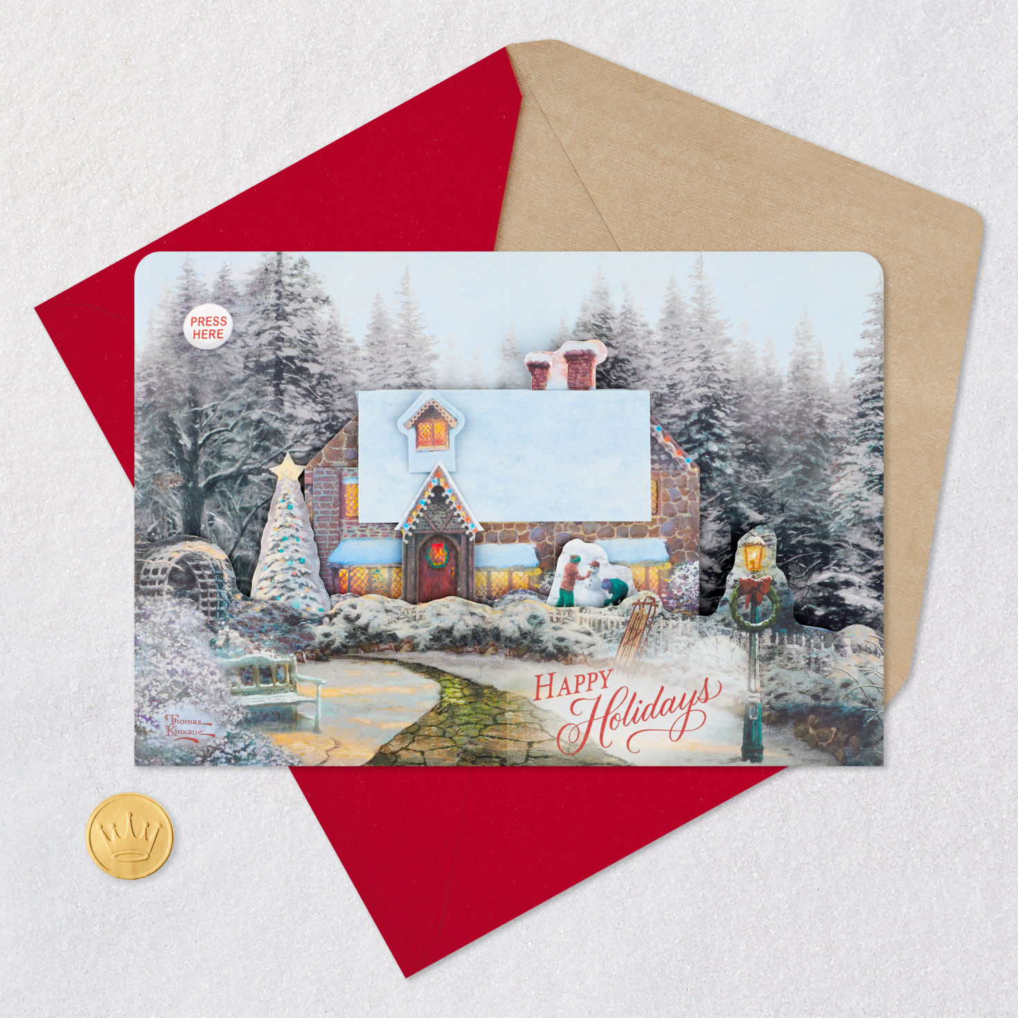 Thomas Kinkade Musical Pop-Up Christmas Card Card Front with Envelope and Gold Seal image number 5