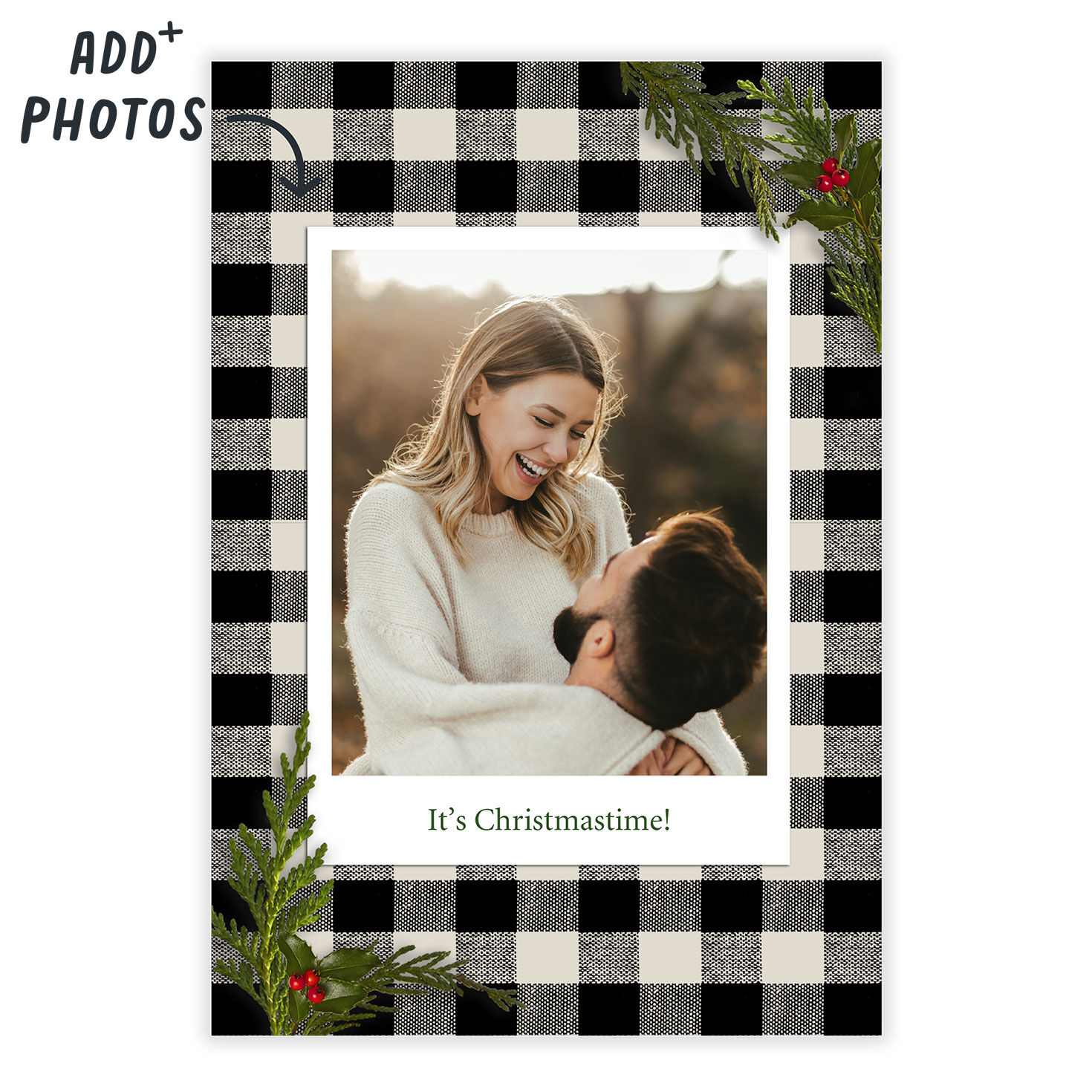 Black White Check Frame Personalized Christmas Card Card Front indicating personalization image number 2