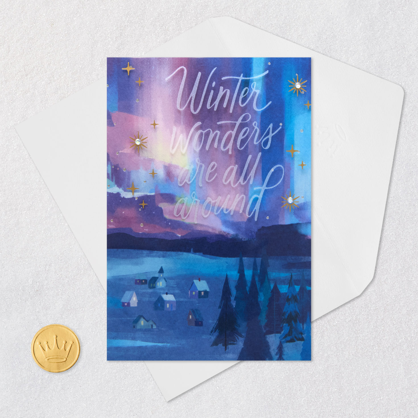 Northern Lights Watercolor Christmas Card Card Front with Envelope and Gold Seal image number 6