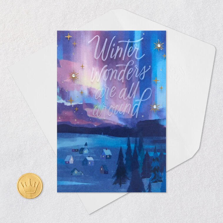Northern Lights Watercolor Christmas Card Card Front with Envelope and Gold Seal image number 6