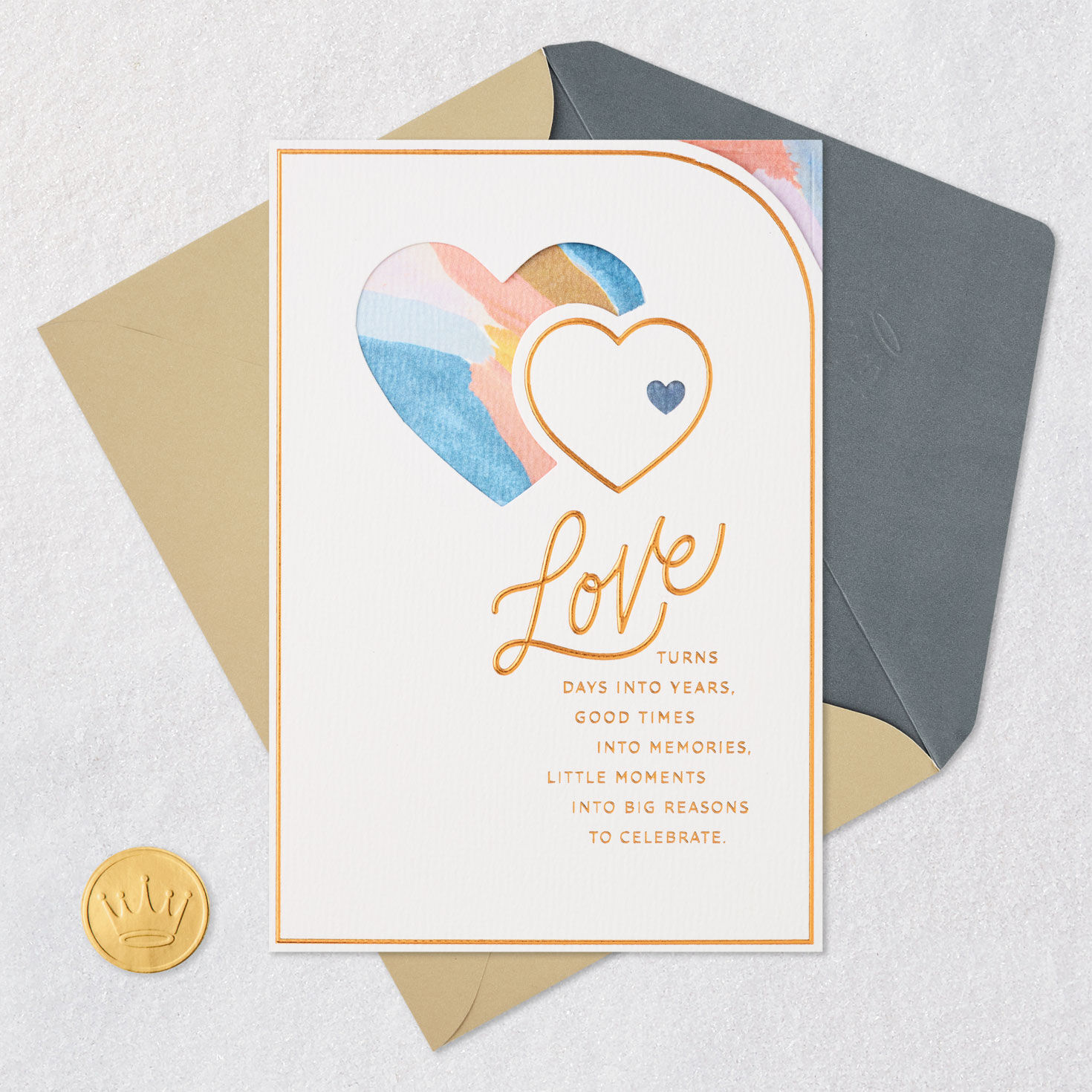 Pastel Hearts Anniversary Card Card Front with Envelope and Gold Seal image number 5