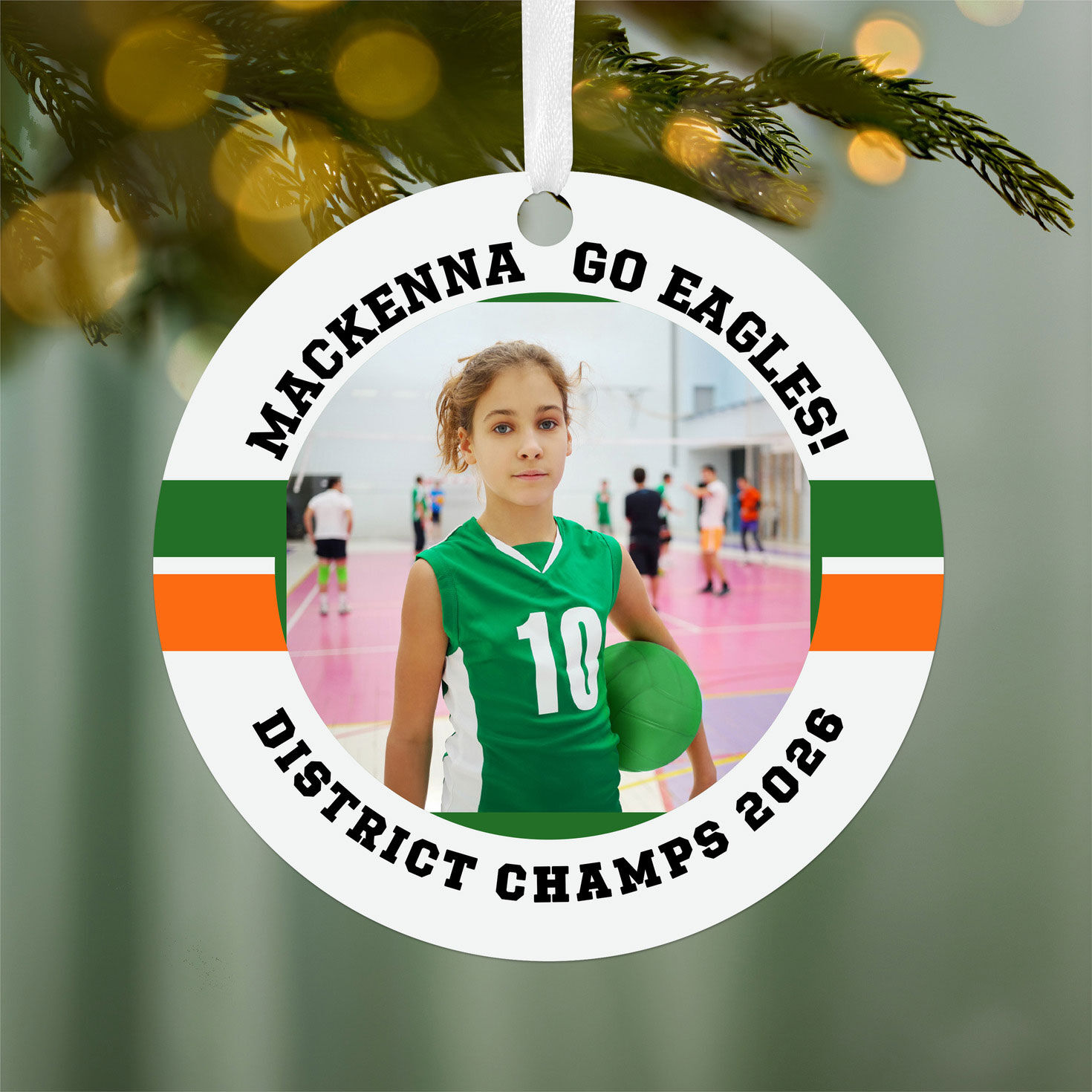 Round Volleyball Personalized Ornament hanging on tree image number 2