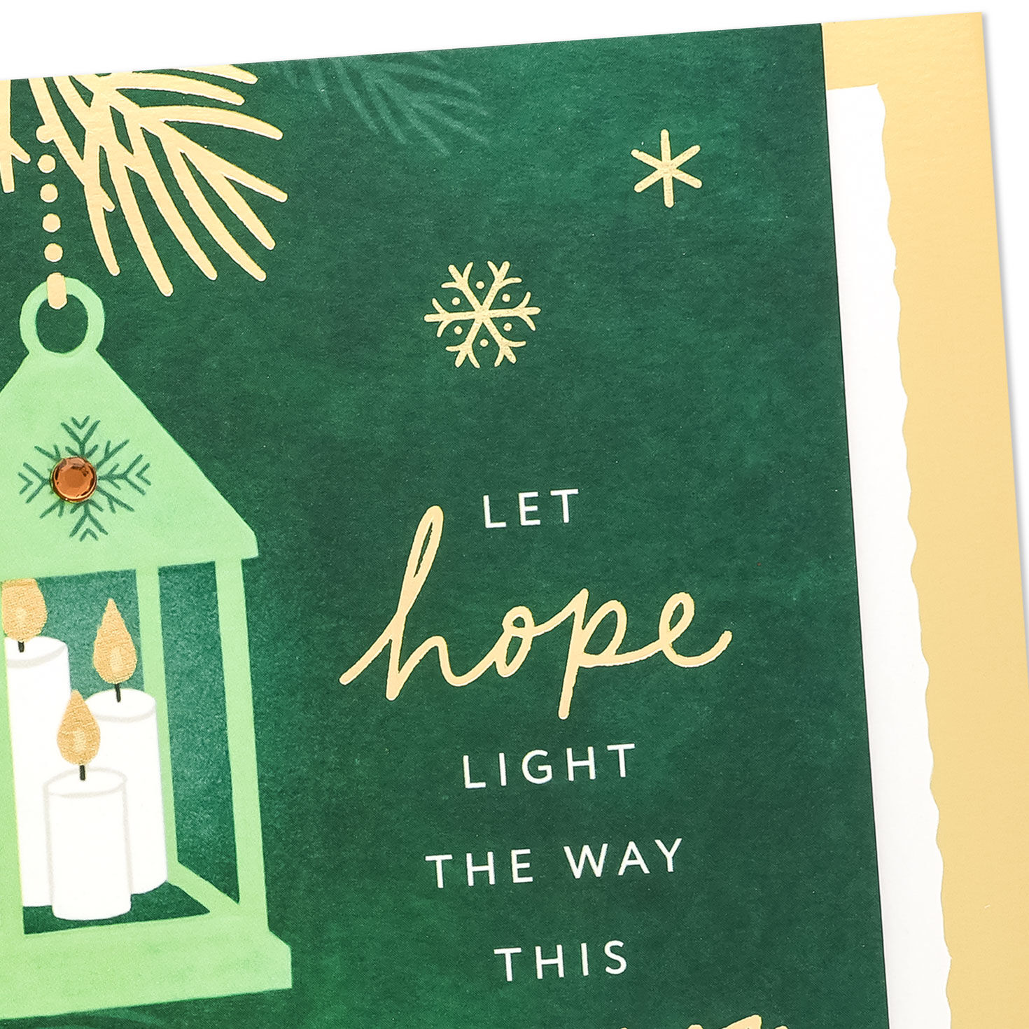 Green Lantern with Gold Snowflakes Christmas Card Card Front Detail image number 4