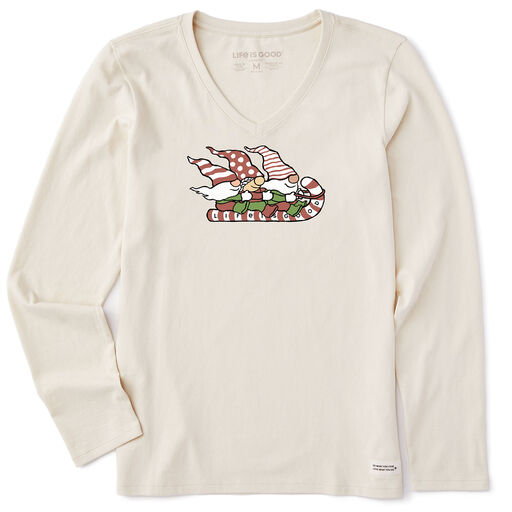 Life Is Good Gnomes Sledding Women's Long Sleeve V-Neck T-Shirt, 
