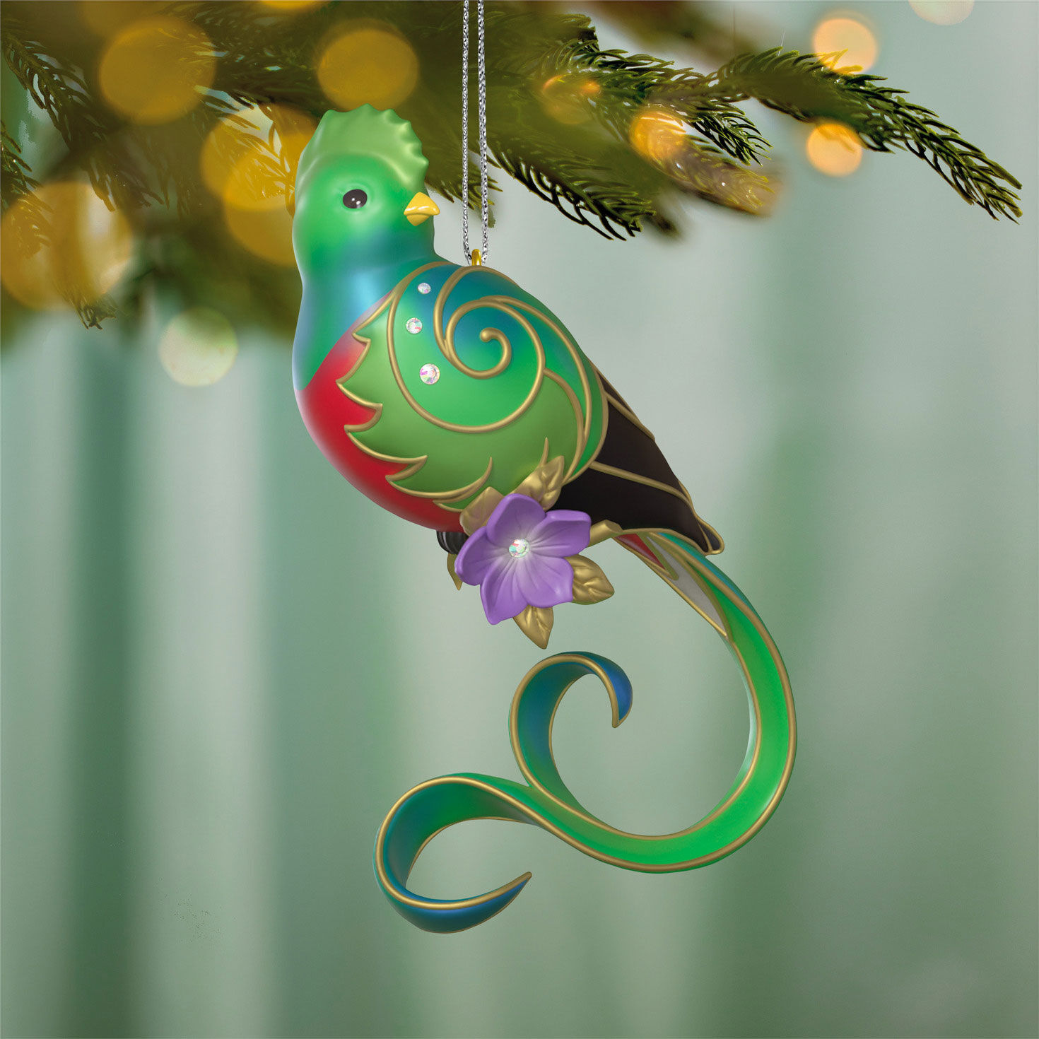 Colorful Bird With Long Tail Keepsake Ornament Hanging on tree image number 2