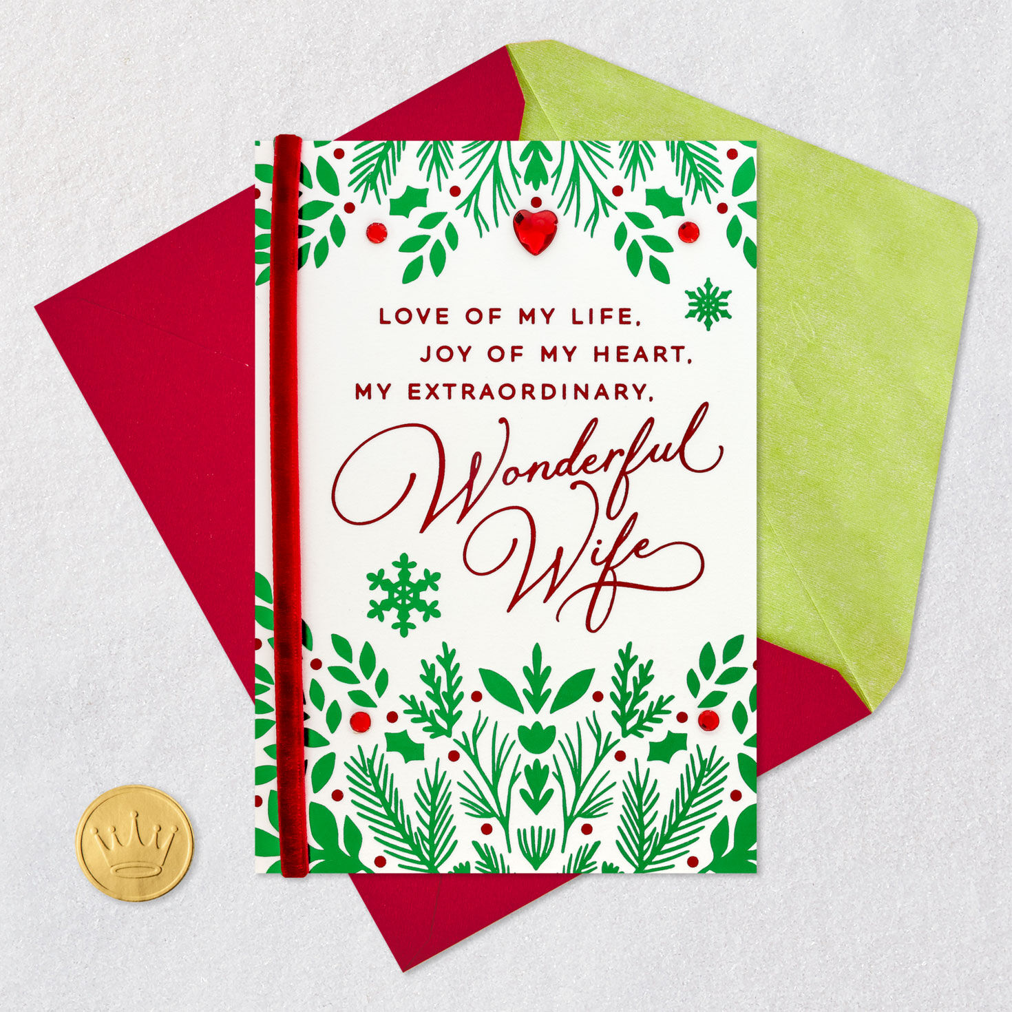 Jewel-Accented Greenery Christmas Card for Wife Card Front with Envelope and Gold Seal image number 6